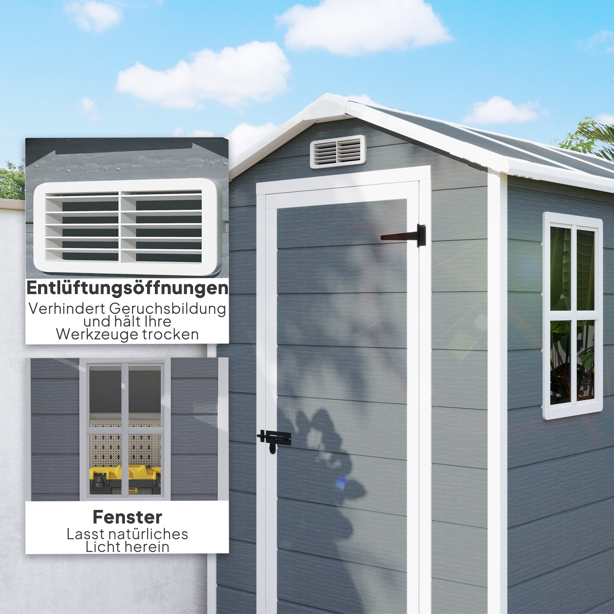 Gartenschuppen, Kunststoff-Gartenhaus mit Boden, Fenster, verschließbare Türen, für Garten, 131B x 186T x 198H cm, Grau