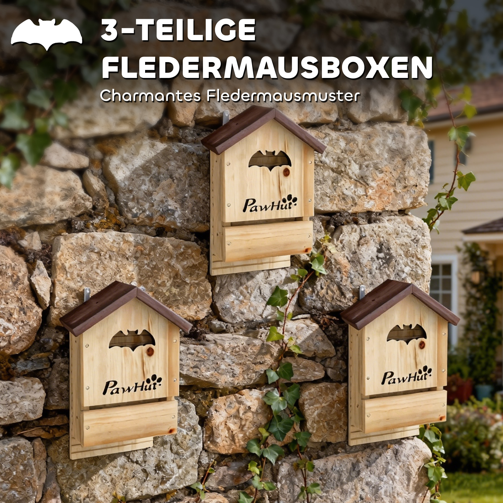 Fledermauskasten 3er Set aus Tannenholz Fledermaushaus für Fledermäuse zum Aufhängen für Gärten, 21,5 x 11,5 x 34 cm