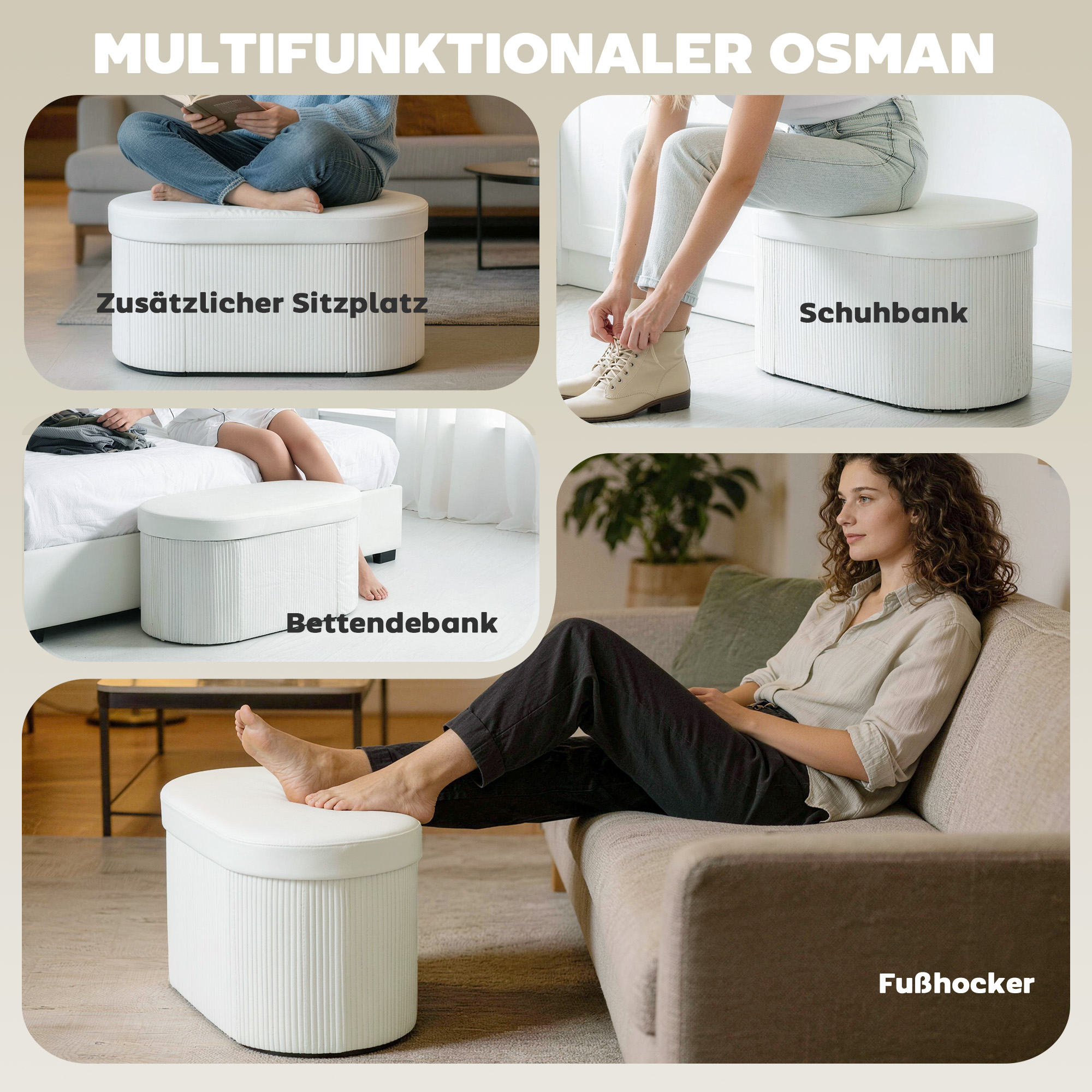 Sitzbank mit Stauraum Klappbar Polsterbank mit Samt-Optik für Wohnzimmer 76 x 38 x 35 cm Creme