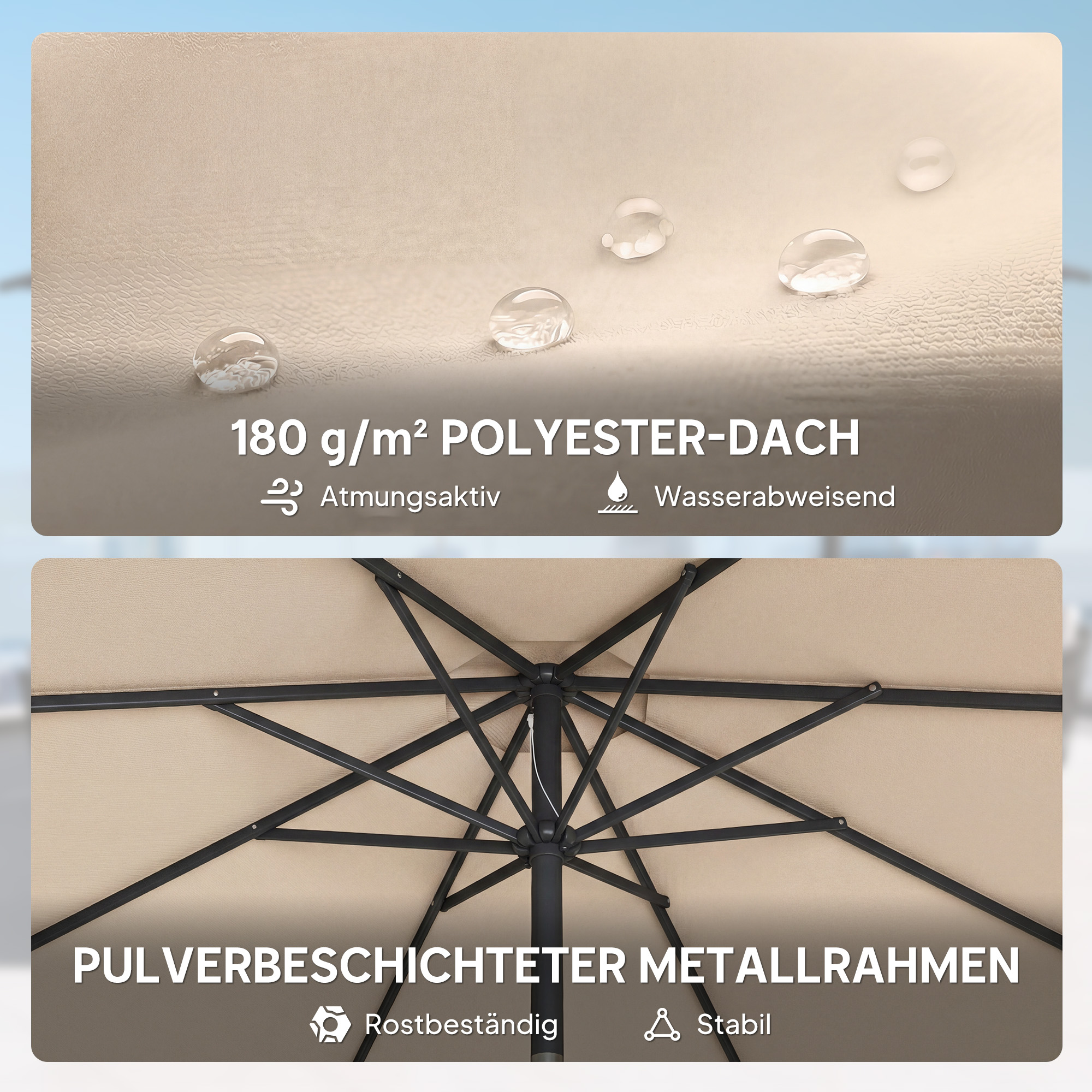 Sonnenschirm ca. Ø300 cm neigbar Balkonschirm mit Kurbel Kreuzfuß Sandsack, UV 30+ Einziehbar Cremeweiß
