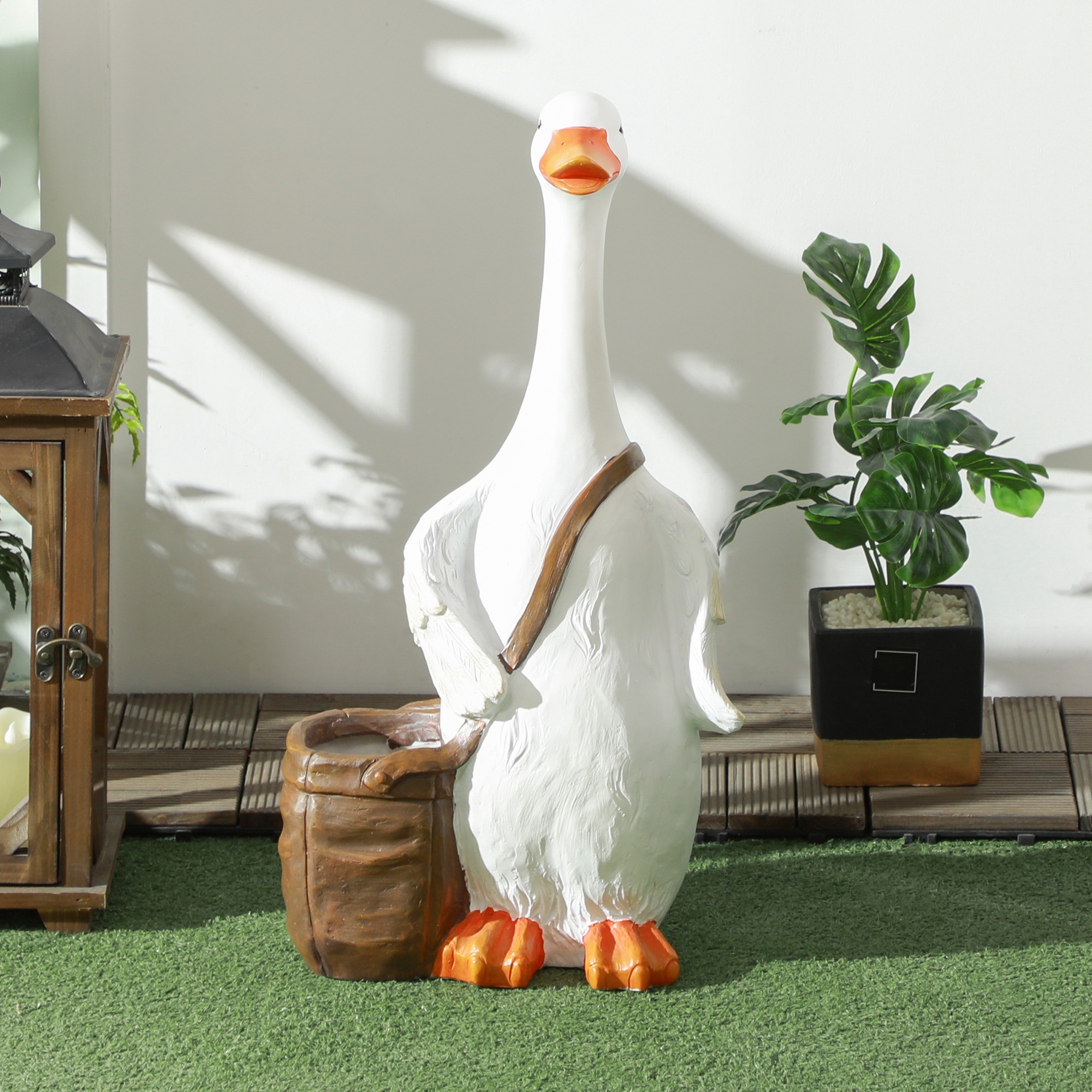 Blumentopf, Schwan mit Umhängetasche, wetterfest, 32 x 18 x 60 cm, Weiß, Braun