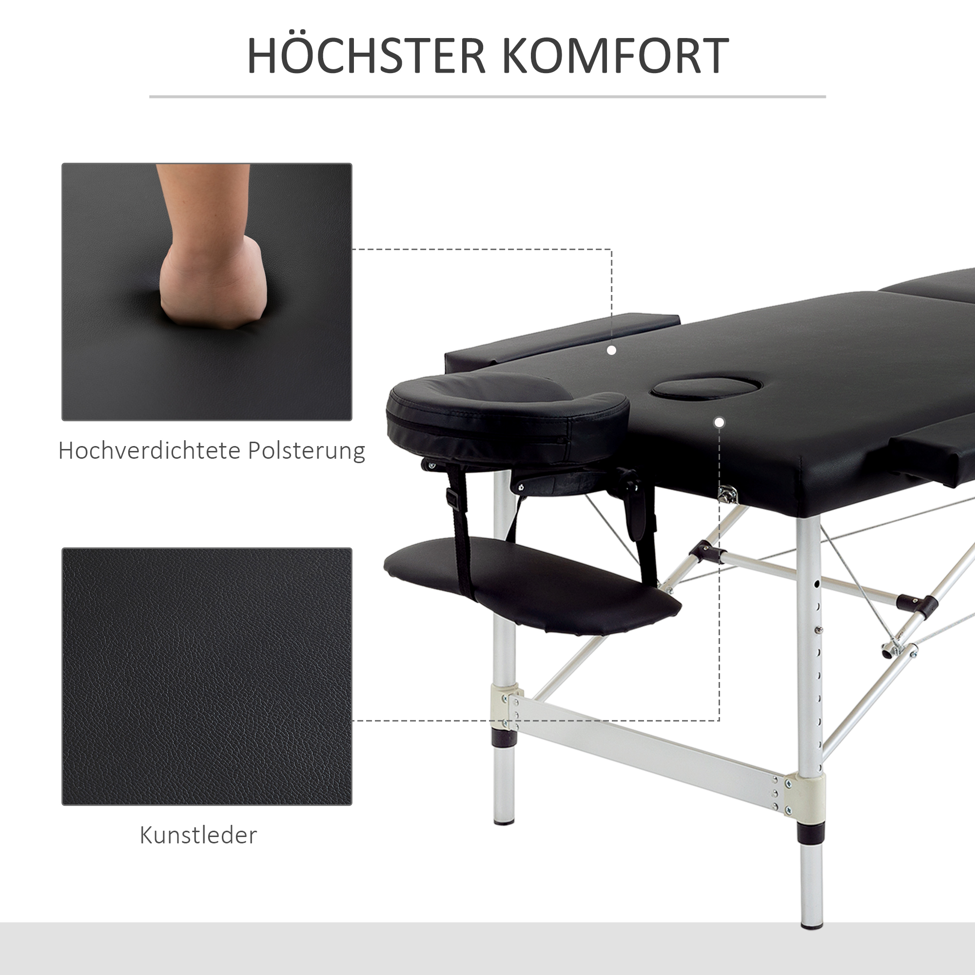 Massageliege, 2 Zonen klappbarer Massagetisch mit Kunstleder-Bezug, Kopfstütze, Armlehnen, Tasche, höhenverstellbare Massagebank 90cm Breit bis 225 kg belastbar, Schwarz