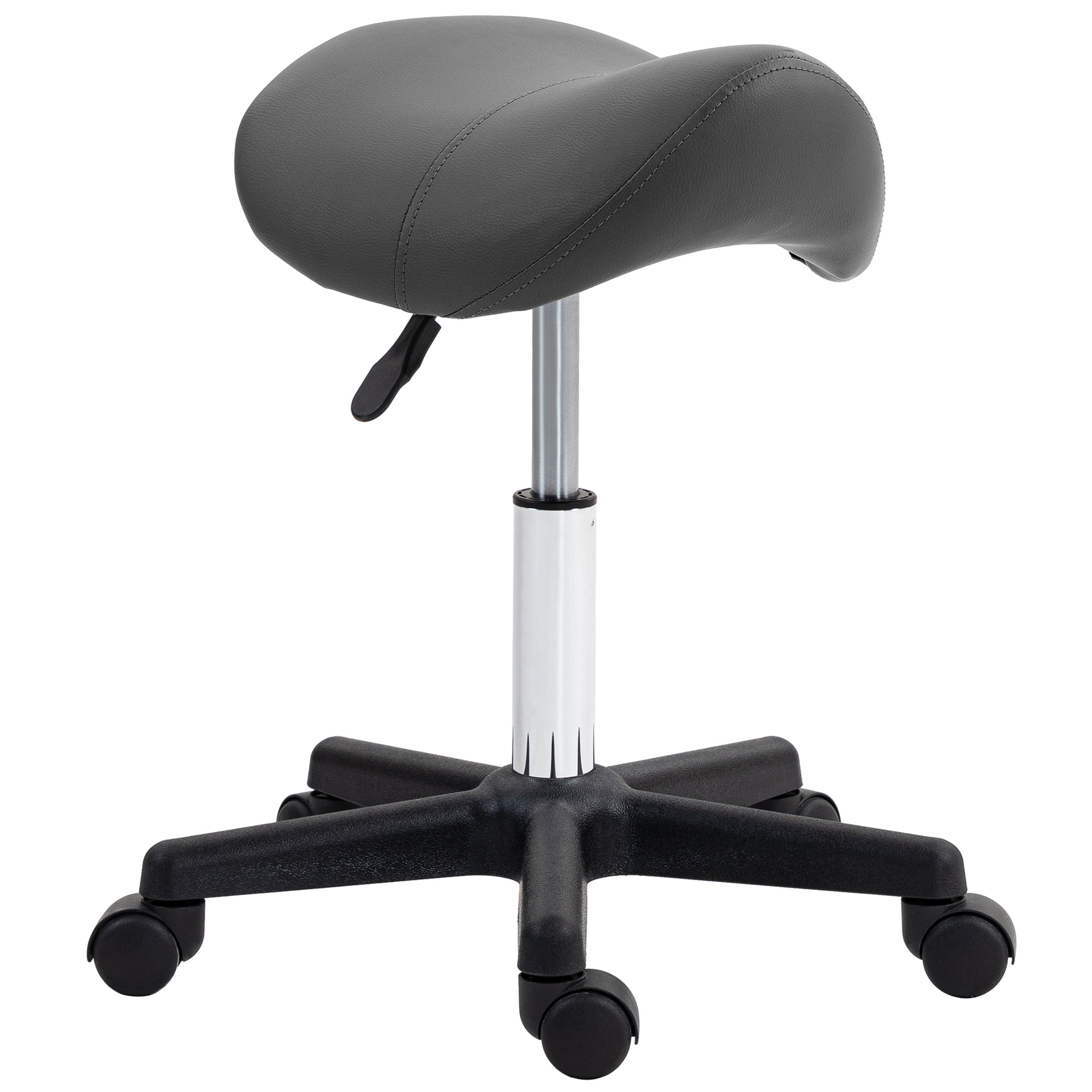 Rollhocker, sattelförmiger Sitz, höhenverstellbar, um 360° drehbar, Kunstleder, grau, 48 x 47 x 45-59 cm
