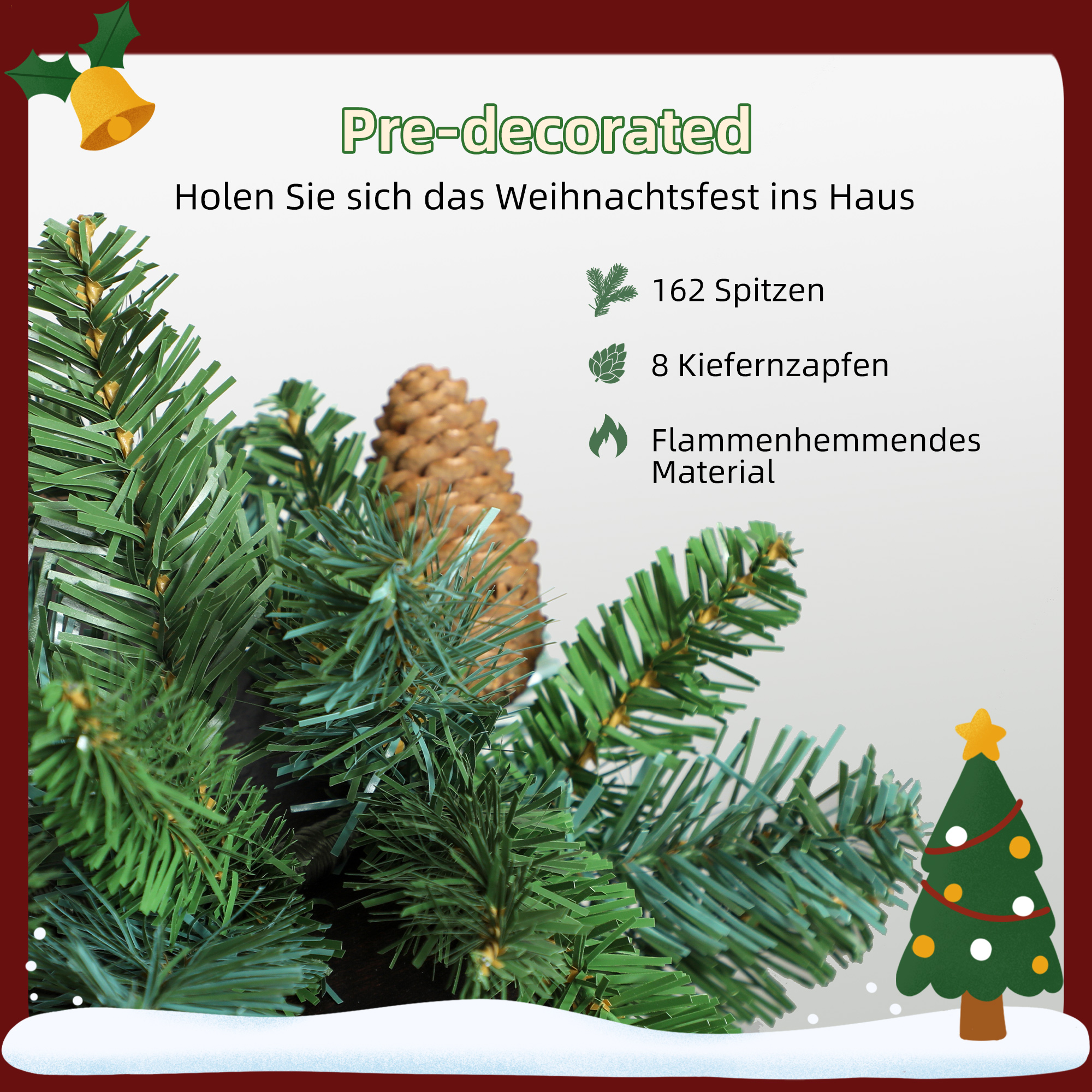 1,8 m künstliche Weihnachtsgirlande Blumendekoration mit 162 Spitzen 8 Tannenzapfen Grün