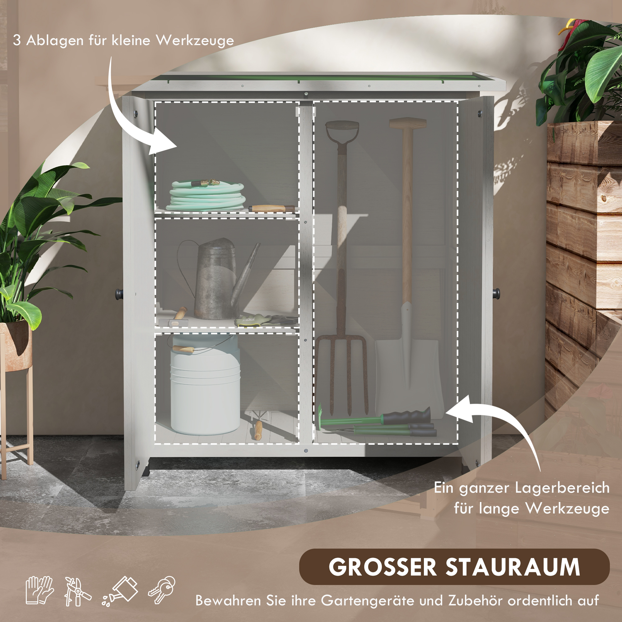 Geräteschrank aus Holz mit 2 Türen, Geräteschuppen mit Asphaltdach, 110 x 55 x 117 cm, Hellgrau