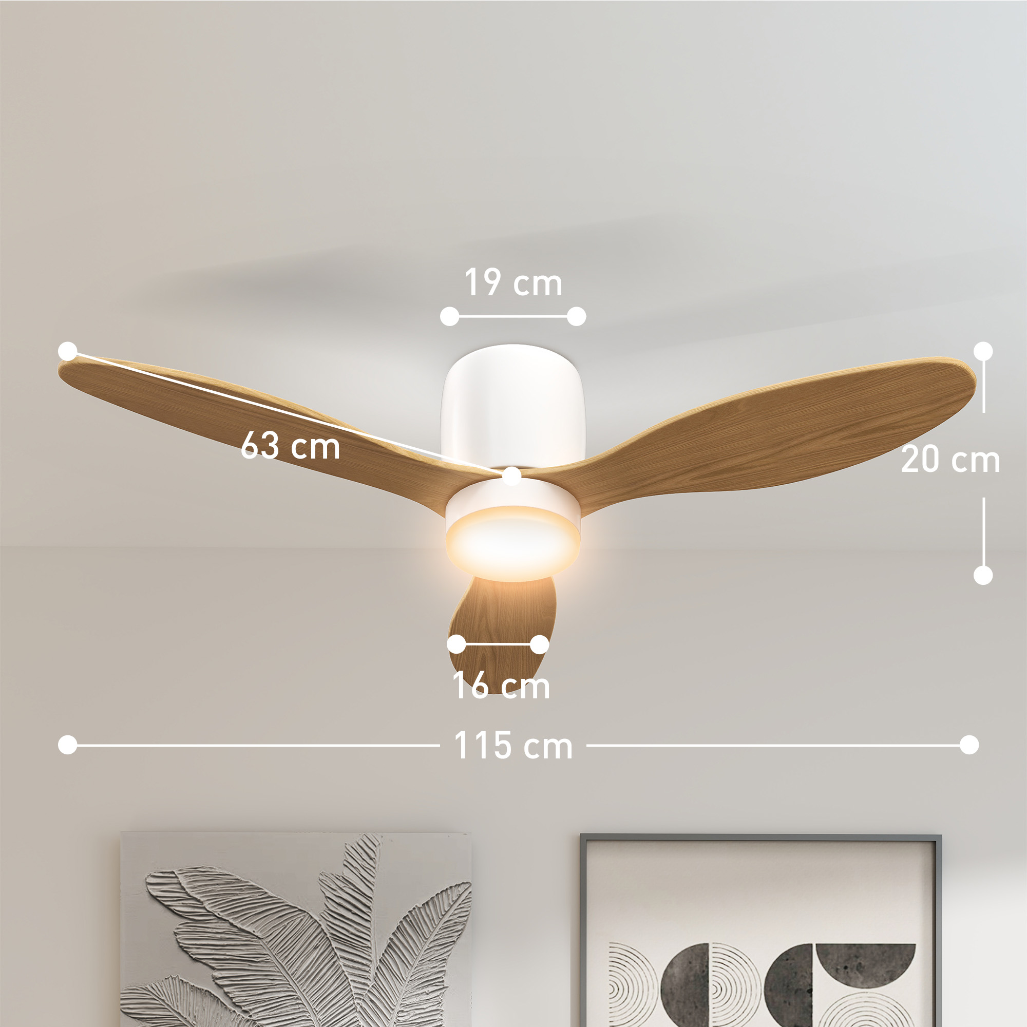Deckenventilator mit einstellbarem Licht und Fernbedienung 115 cm, 3 Farben, 3 Flügel, 6 Geschwindigkeiten, Timer, Natur