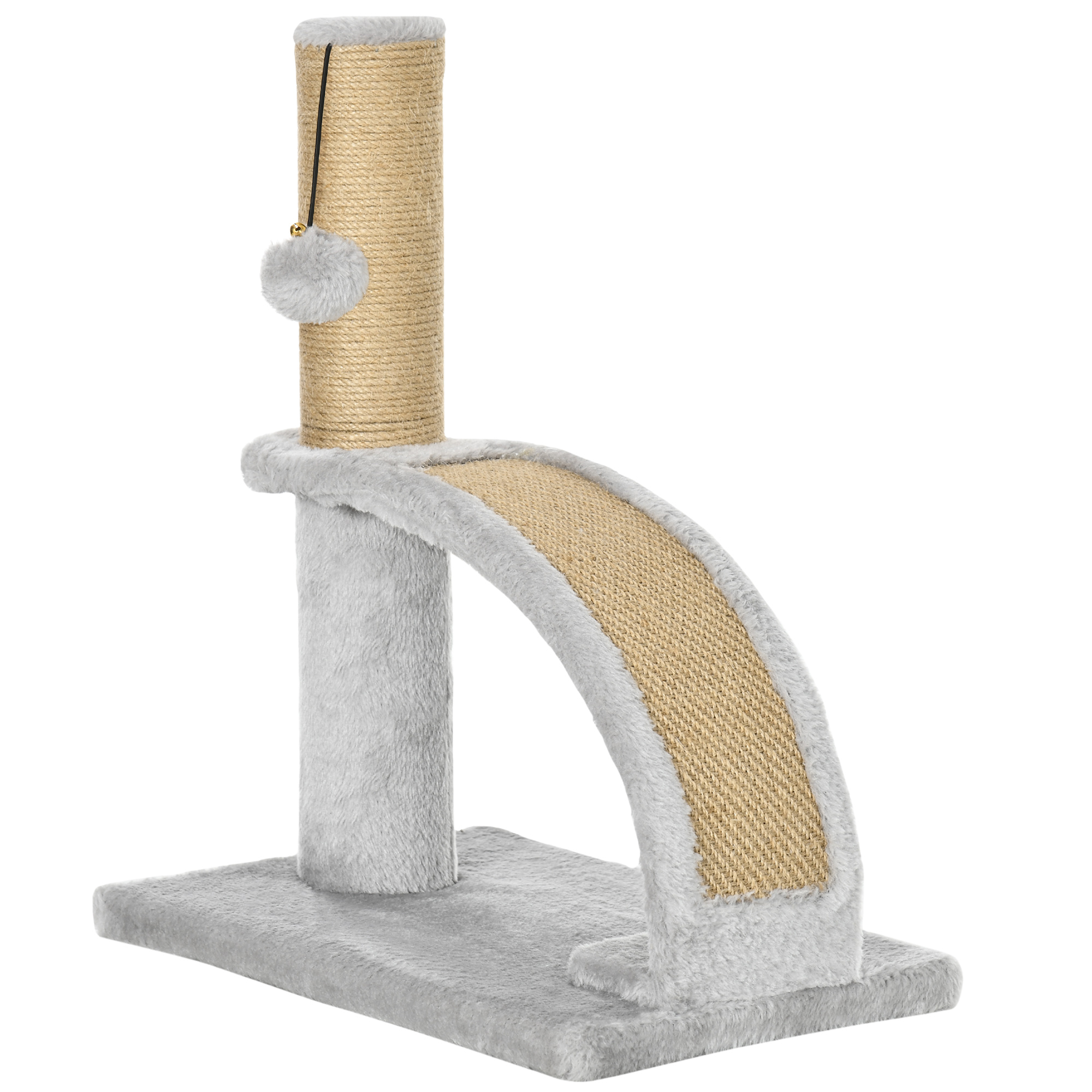 Katzenkratzbaum, Jutebespannung, hängende Kugel mit Glocke, Kratzbrett, 34L x 24B x 43H cm, Grau