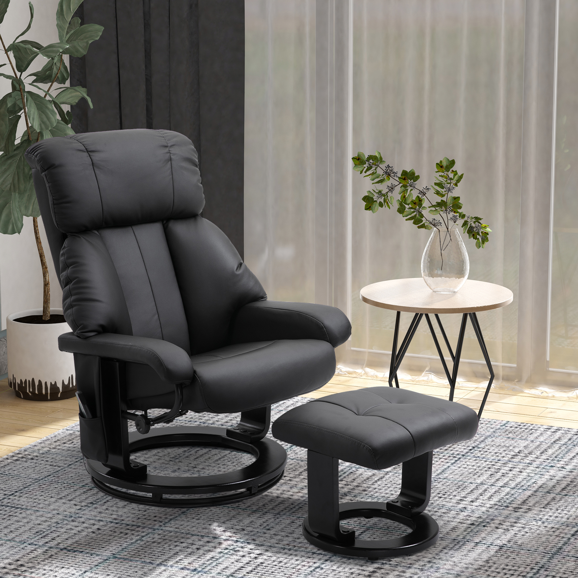 Relaxsessel mit Fußhocker, Massagesessel mit Liegefunktion, elektrischer Liegesessel mit Fernbedienung, Fernsehsessel mit Seitentasche, Kunstleder, schwarz