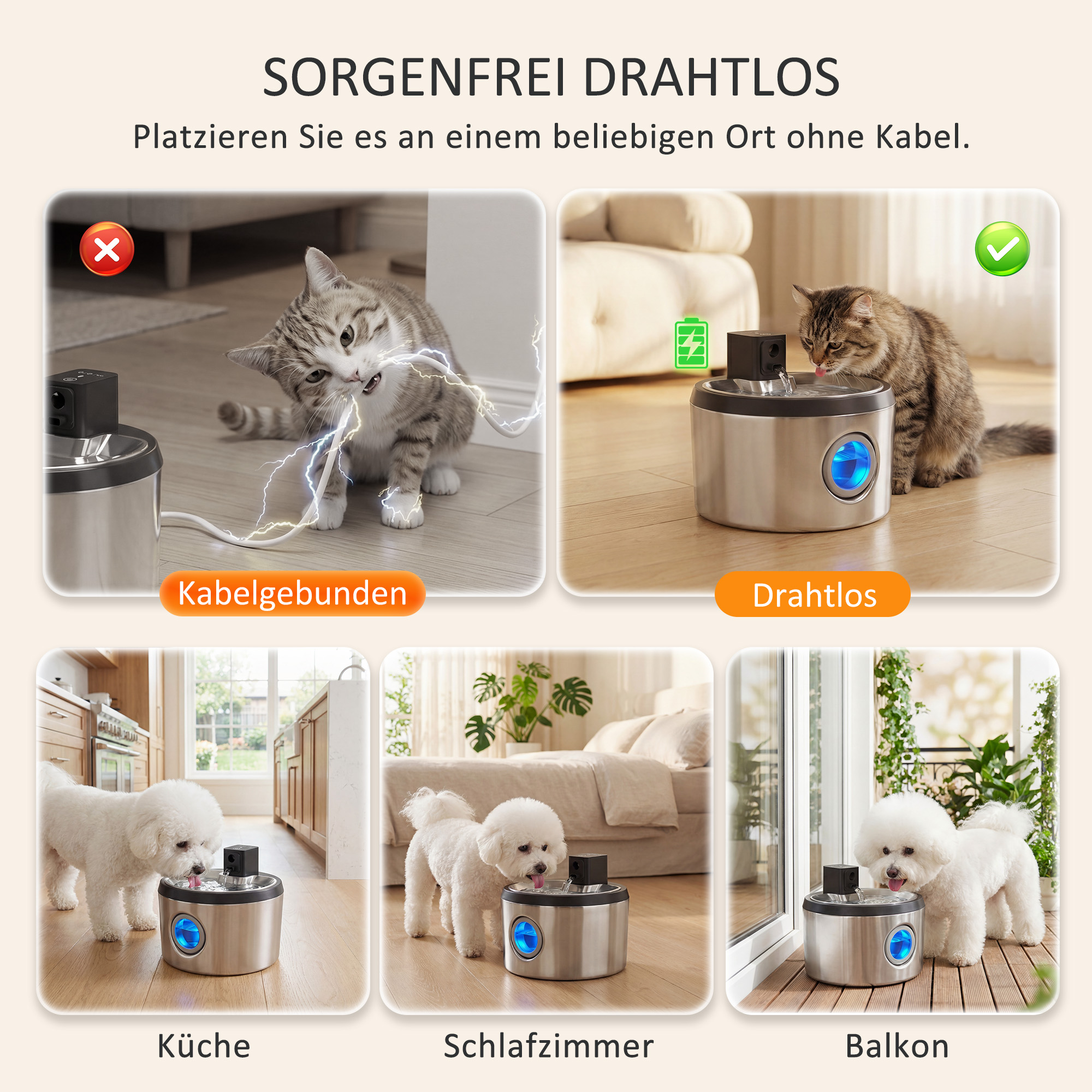 Katzenbrunnen 4l, kabellos, Edelstahl, Trinkbrunnen mit Bewegungsmelder 6 Filtern zweifaches Filtersystem LED Silber