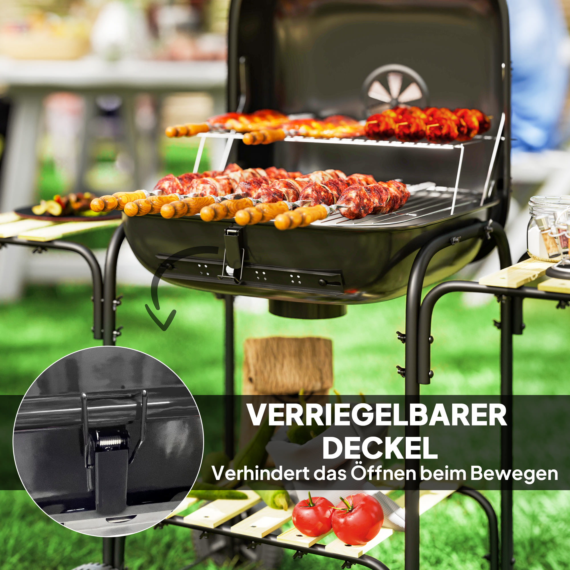 Holzkohlegrill aus Stahl Grillwagen mit abschließbarem Deckel Grillrost Räder Griff Holzablage 98 x 54 x 91 cm Schwarz