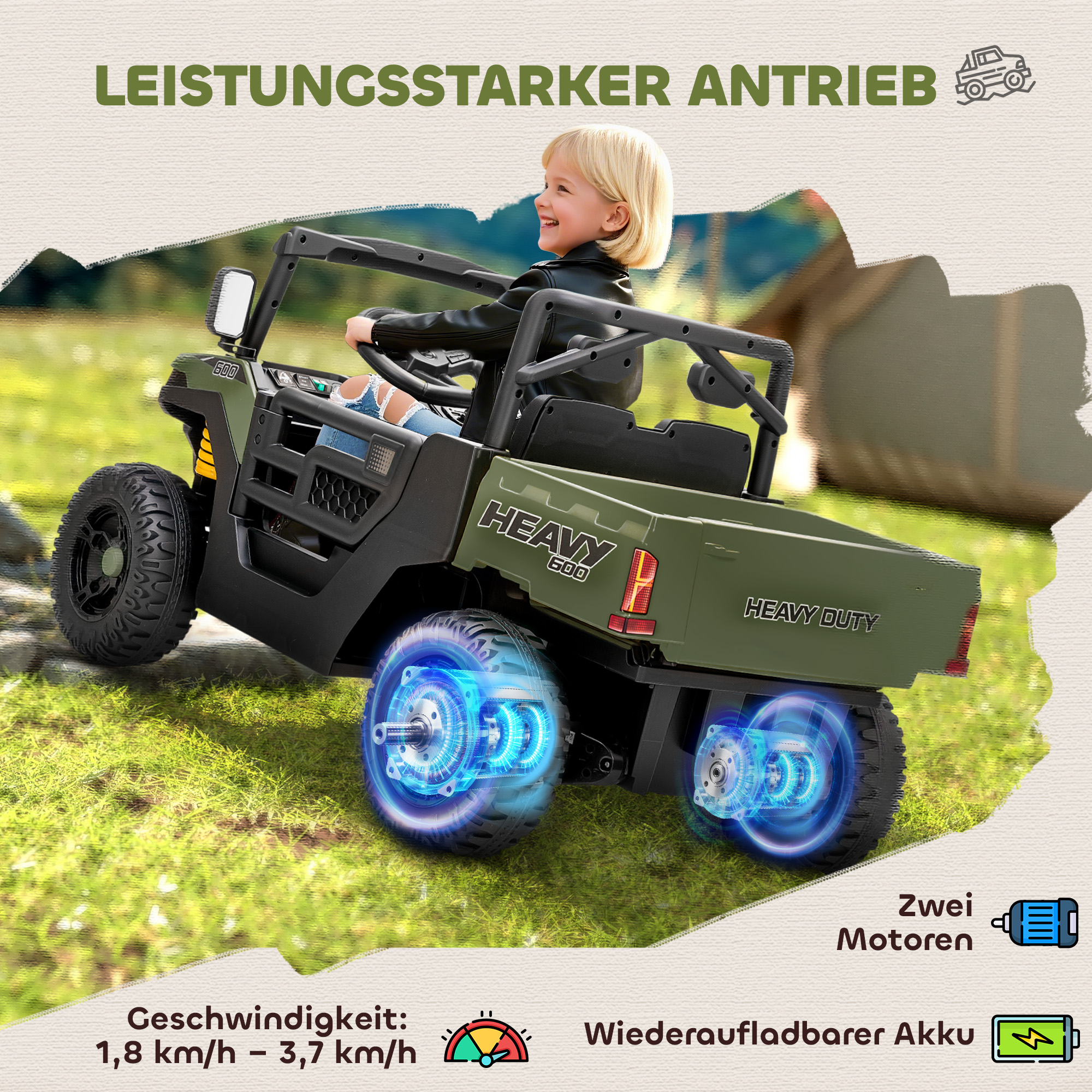 Elektrofahrzeug, 2 Motoren, Kofferraum, UTV-Design, Musikfunktion, Grün