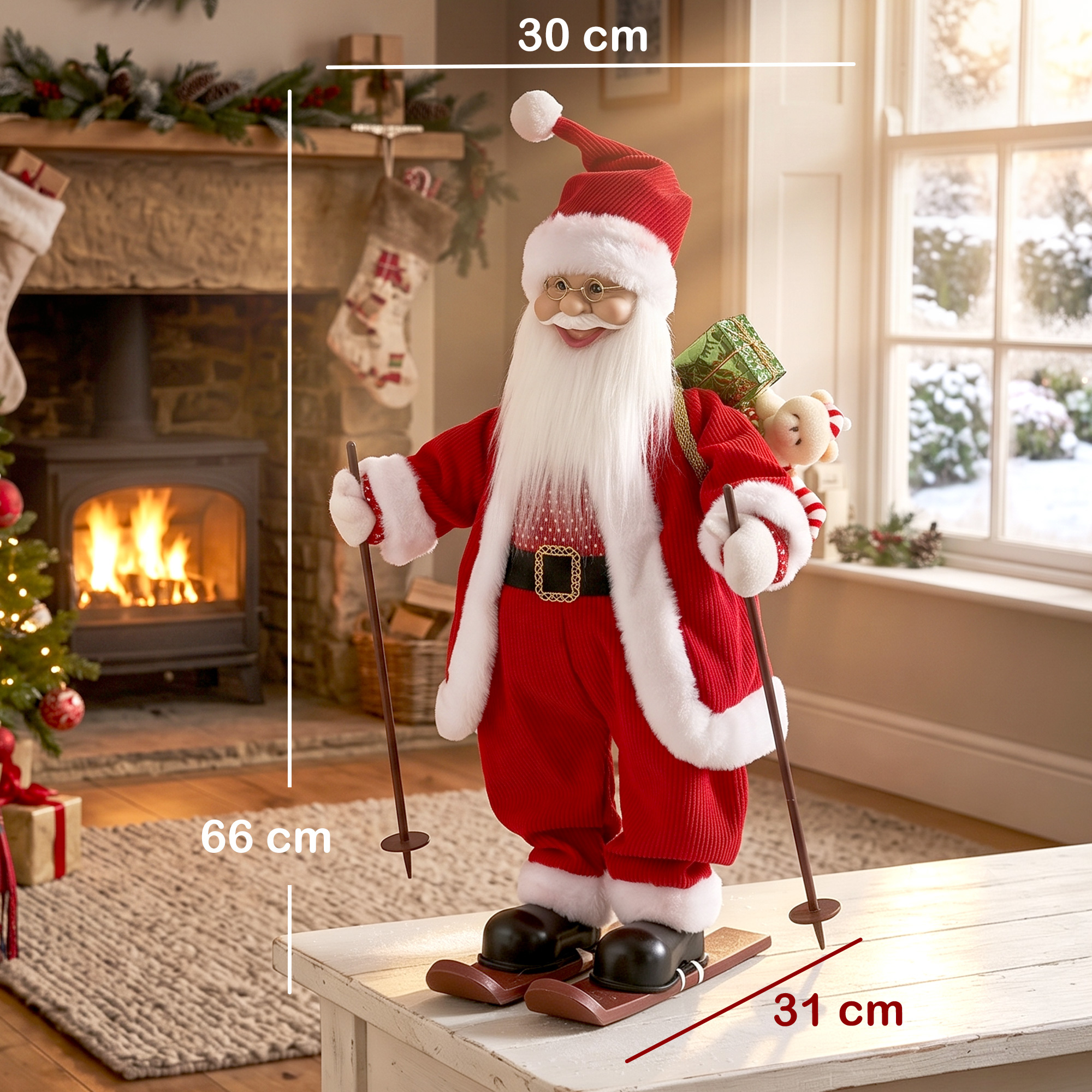 Singender Ski-Weihnachtsmann, 66 cm, animierte stehende Weihnachtsfigur mit Skiern, Geschenkesack und Geräusch-/Berührungsaktivierung