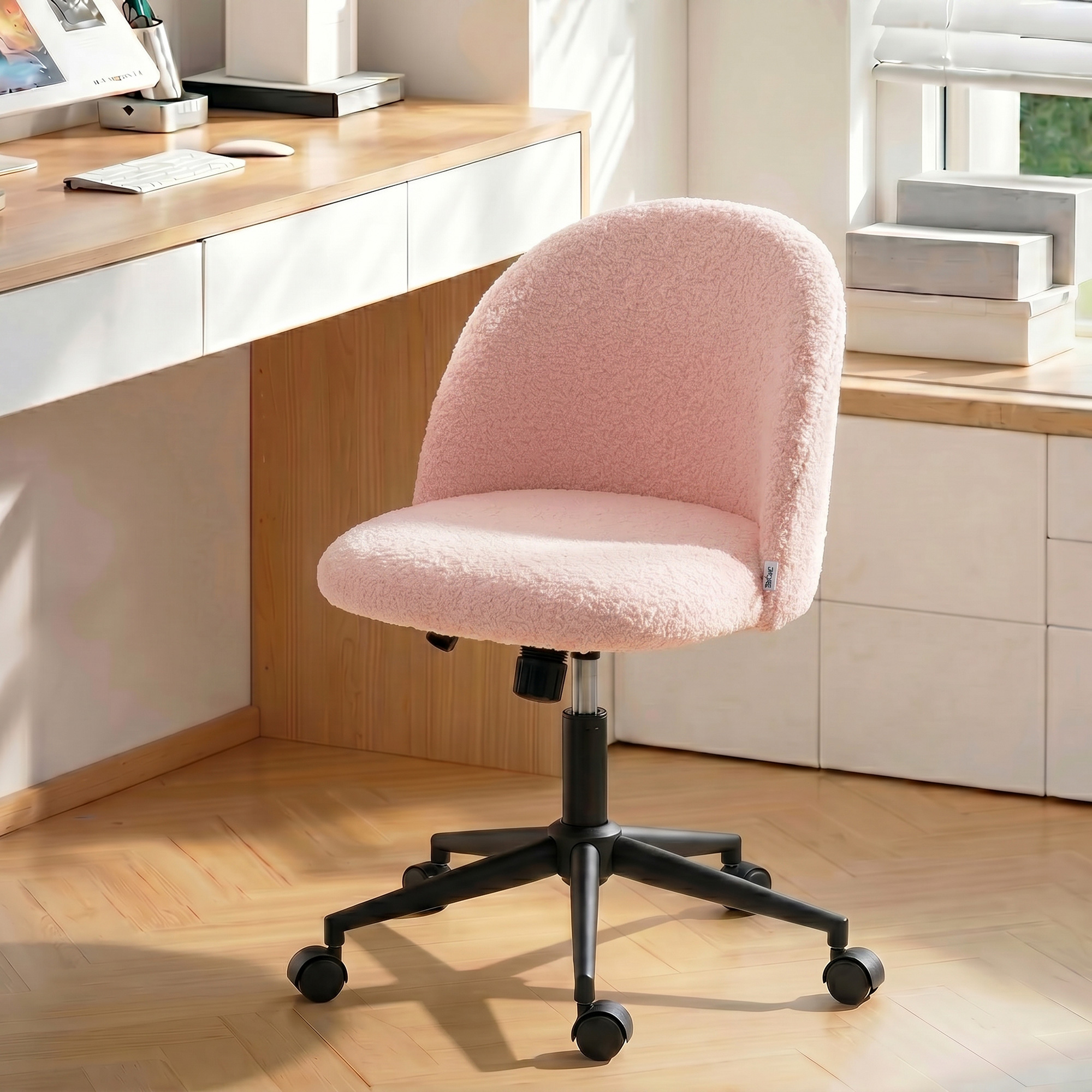 Drehbarer Bürostuhl aus Teddyfleece, höhenverstellbar, mit Rollen, Komfortschaum, Rosa