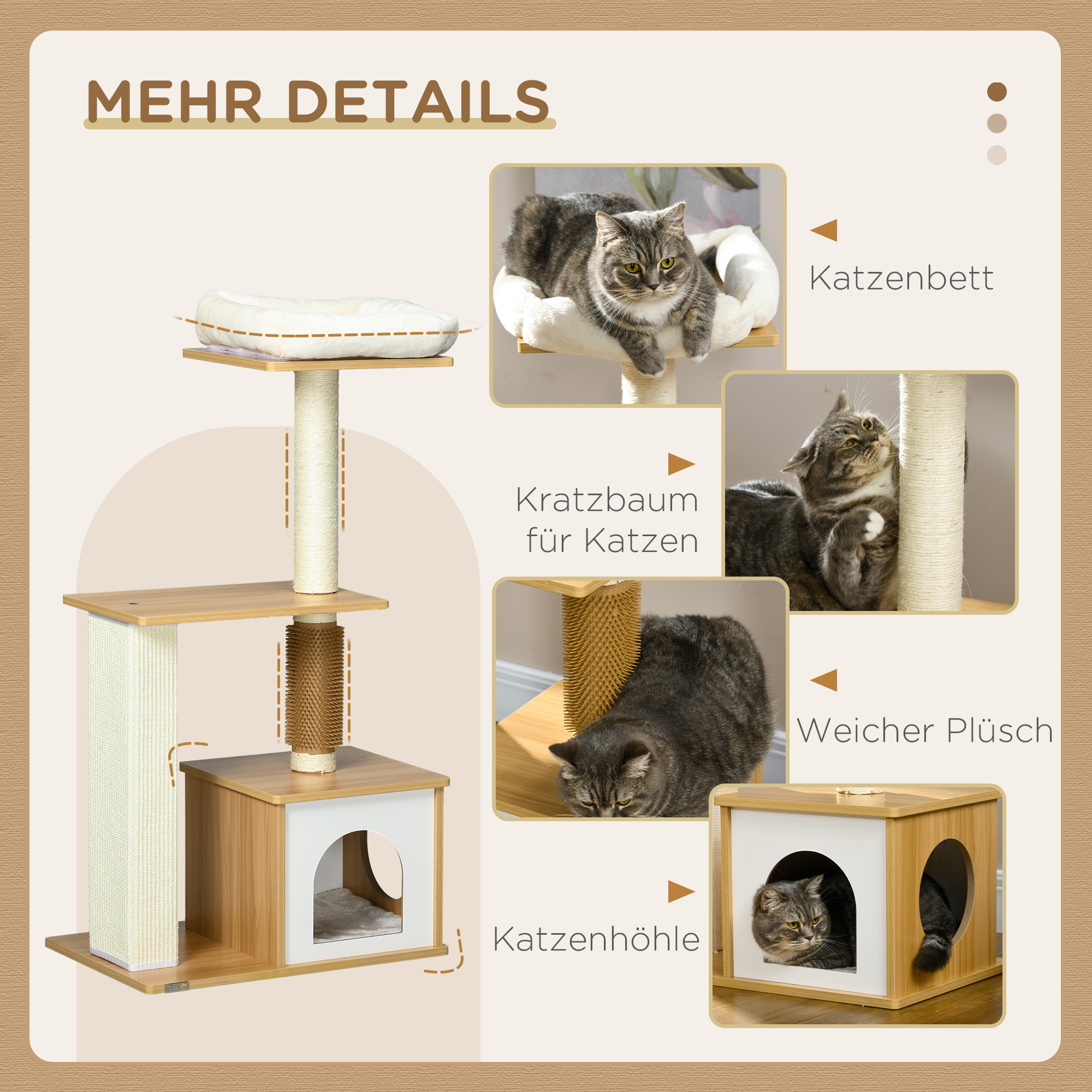 Kratzbaum Katzenbaum Katzenhöhle, 1 Katzenbett, 1 Liegefläche, 59,5 cm x 39,5 cm x 114 cm, Braun + Weiß