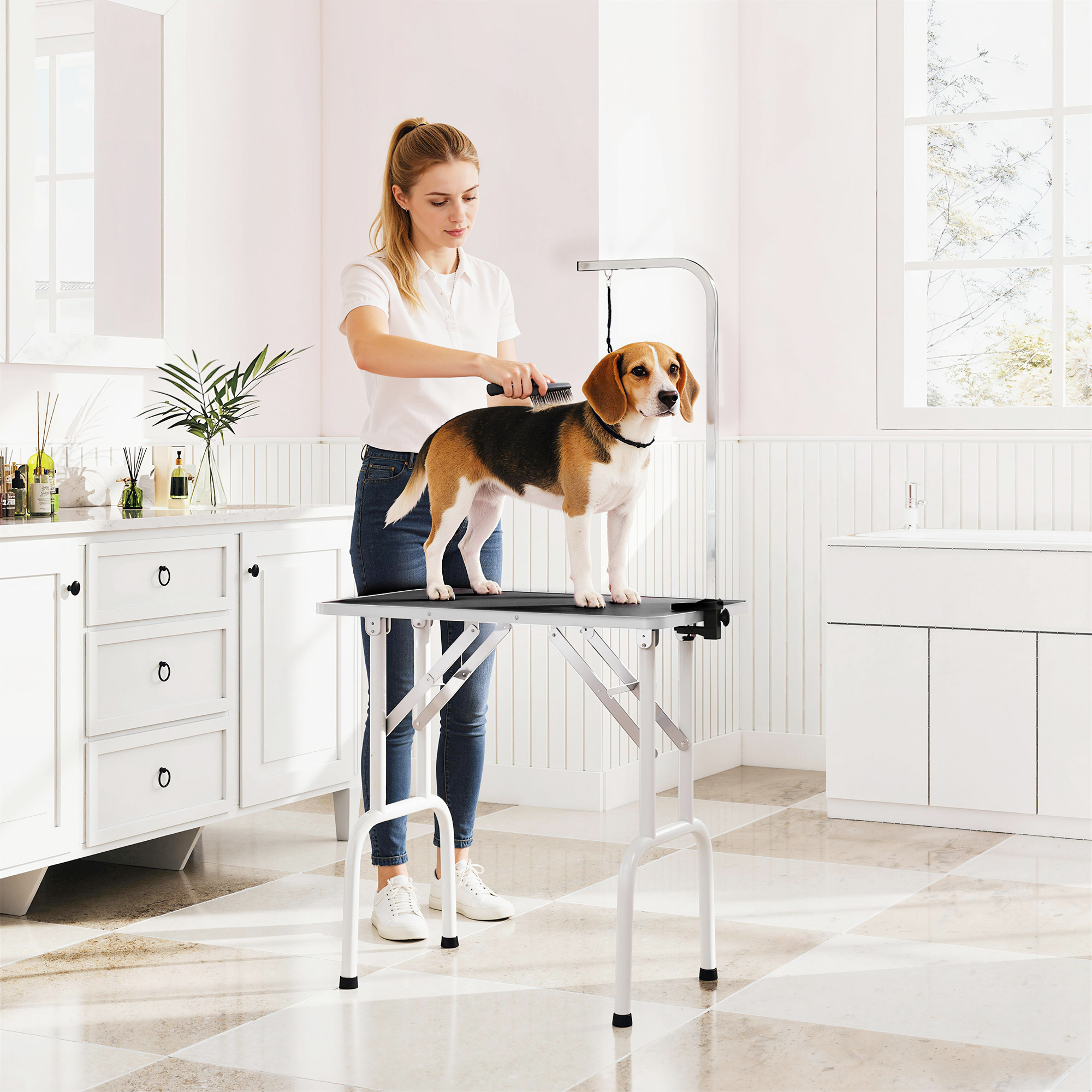 Trimmtisch für Hunde Hundepflegetisch mit Schlinge klappbar Stahlbeine rutschfest Tischplatte 81x48,5x80 cm Schwarz