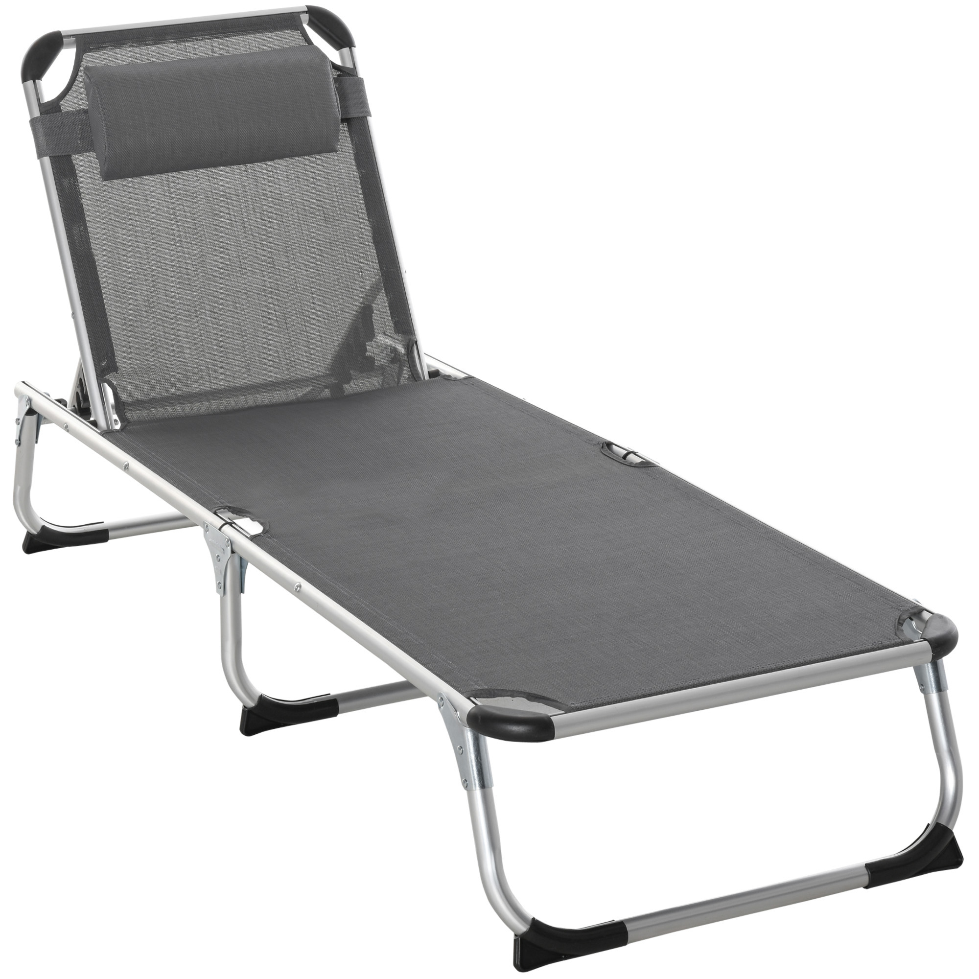Sonnenliege faltbar Gartenliege mit Kopfkissen Liegestuhl mit der 4-stufig verstellbaren Rückenlehne Campingliege bis 120 kg belastbar für Outdoor-Park, Garten, Grau