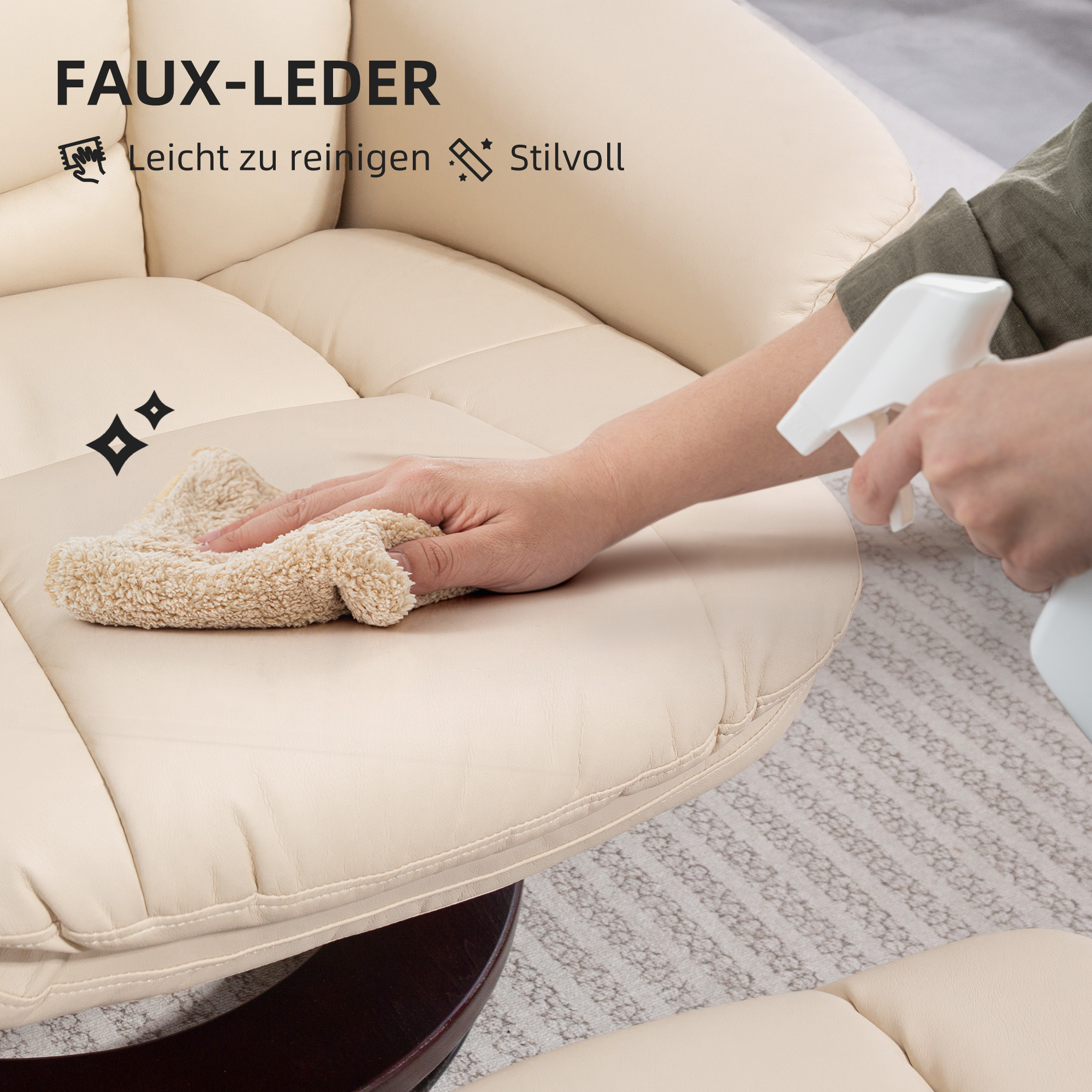 Relaxsessel mit Fußhocker, Verstellbarer Sessel, Kunstleder-Bezug, Polstersessel mit klappbarer Rückenlehne, Cremeweiß