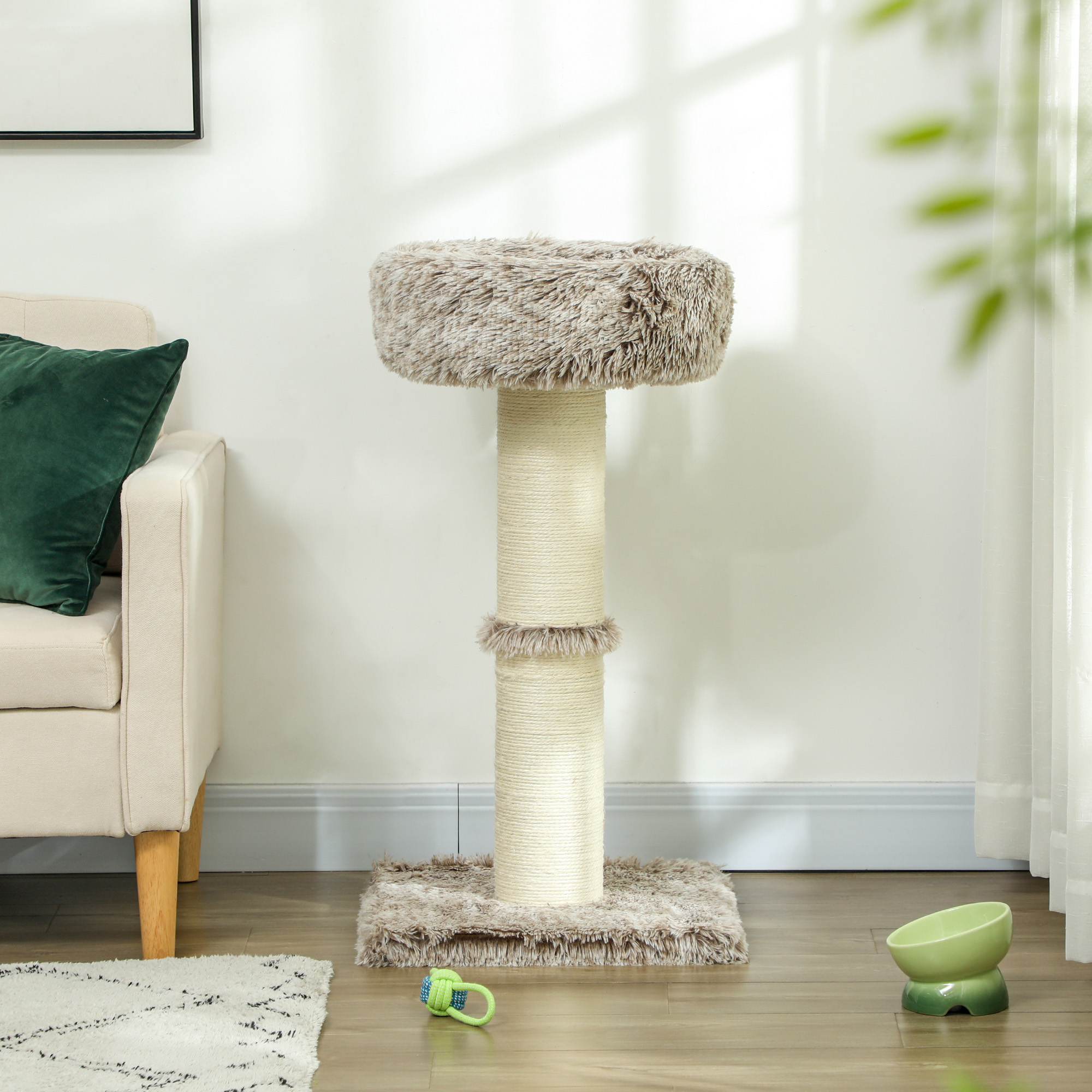 Katzenbaum, 87 cm, Katzenturm mit dickem Kratzpfosten, Plüschbett, für den Innenbereich, trägt bis zu 6 kg, Braun