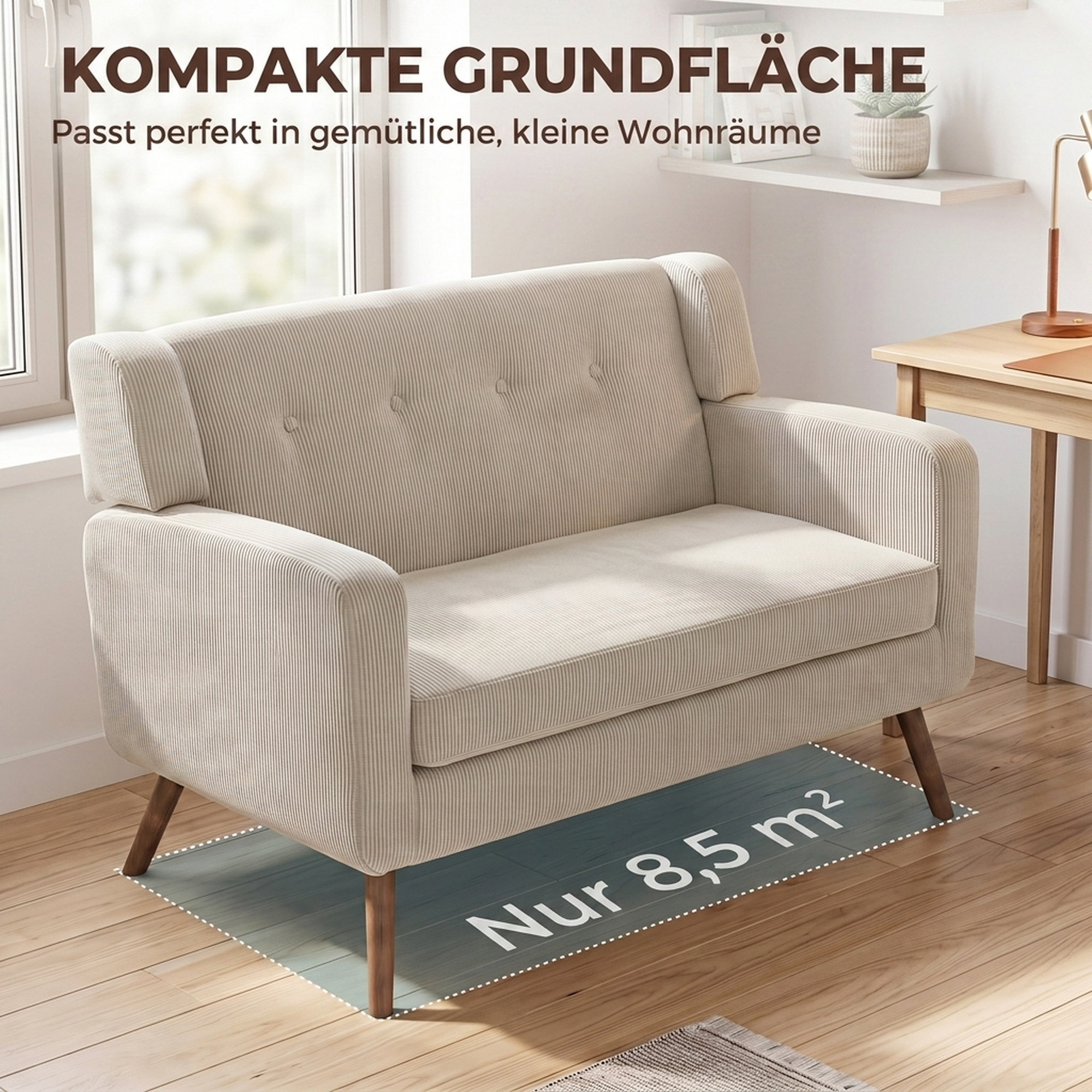 2 Sitzer 118 cm Couch mit Cord-Optik, Knopfheftung Bequeme Modernes Polstersofa mit Holzbeinen für kleine Räume