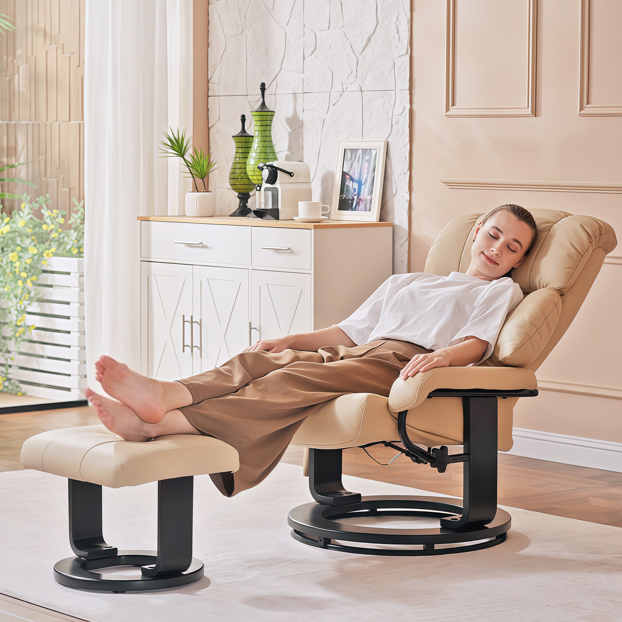 Relaxsessel mit Hocker, drehbarer Fernsehsessel mit Massagefunktion, Liegefunktion, Massagesessel mit Fernbedienung, Seitentasche, Ruhesessel aus Kunstleder für Wohnzimmer Cremeweiß