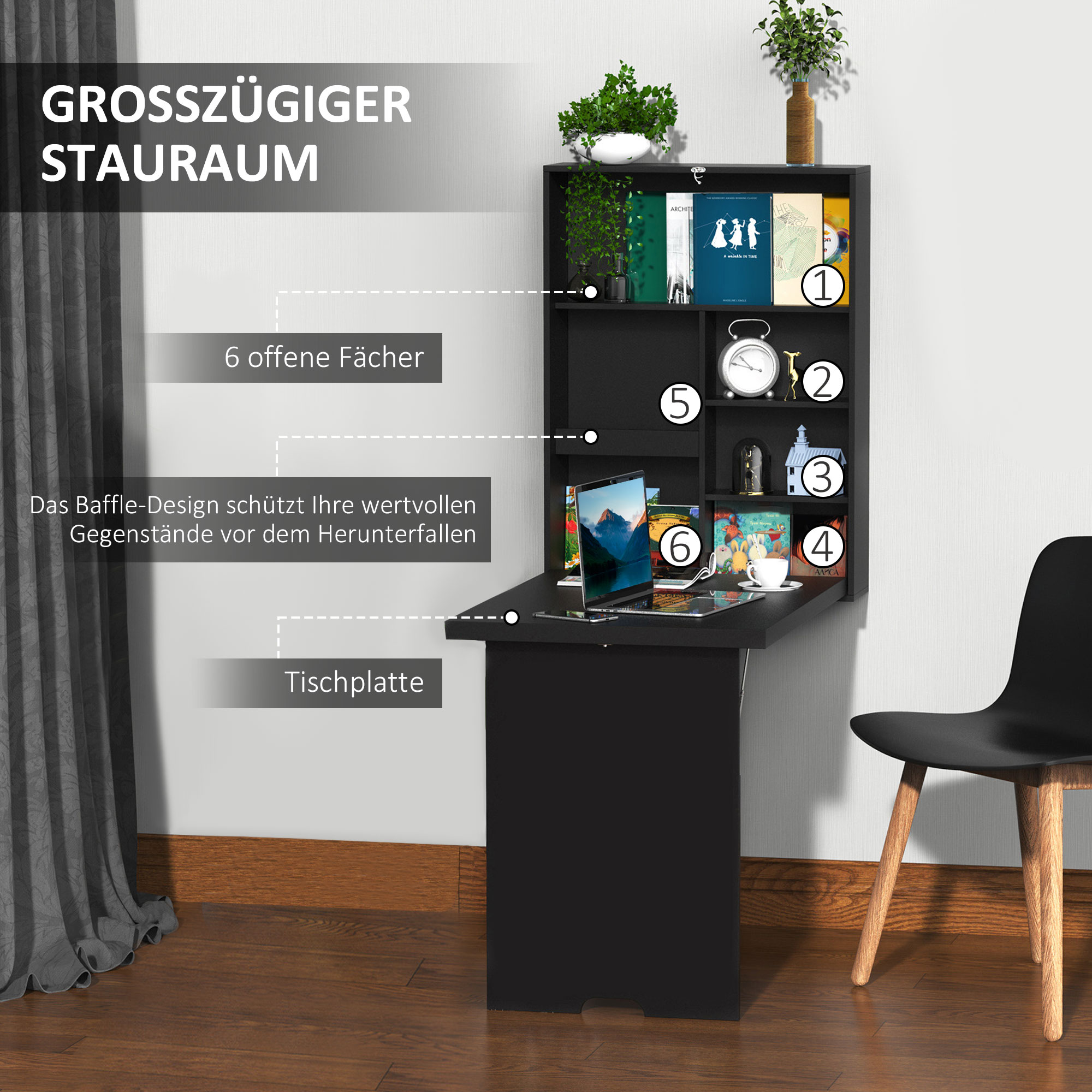 Wandklapptisch Wandschreibtisch, inkl. Schreibtafel, 60 cm x 94,5 cm x 147 cm, Schwarz
