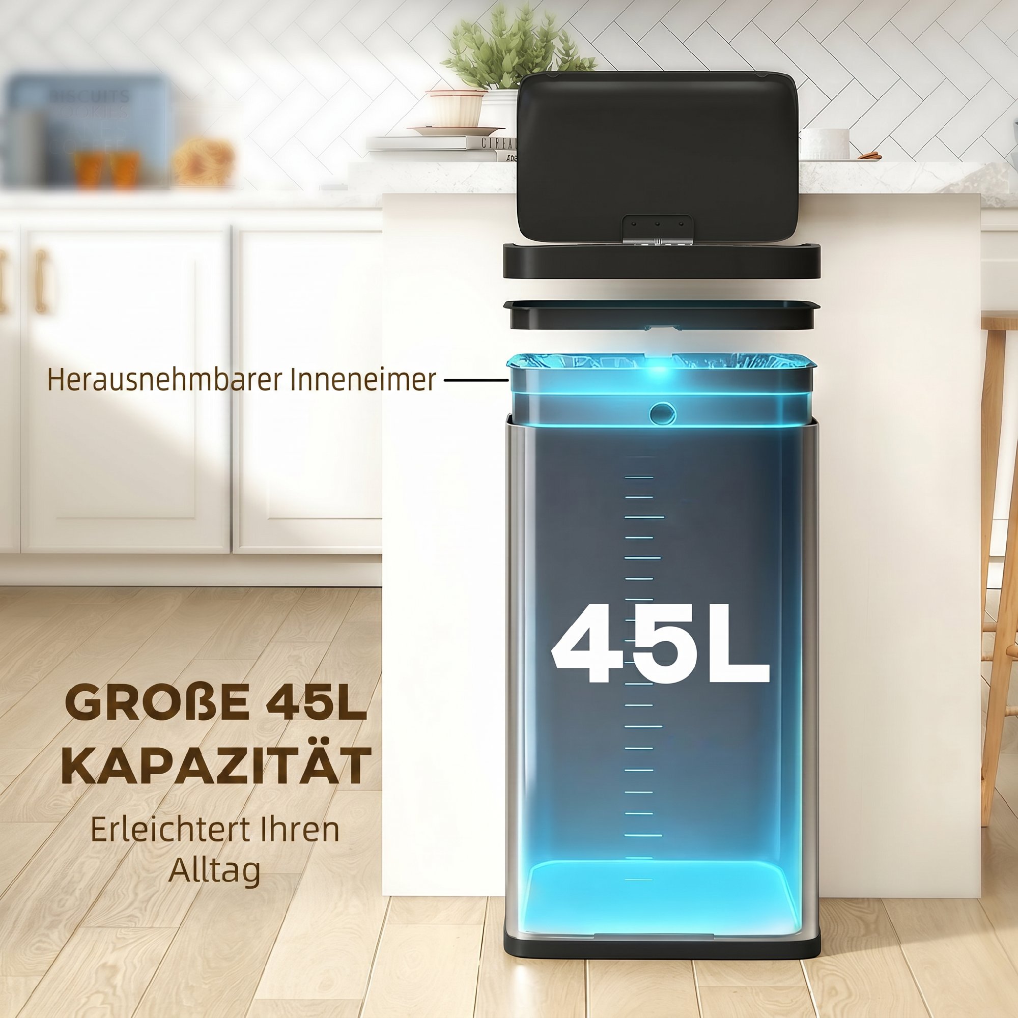 Sensor-Mülleimer, 45L Küchenmülleimer mit Soft-Close-Deckel, Bewegungssensor für Küche, Schlafzimmer, Büro, Silber