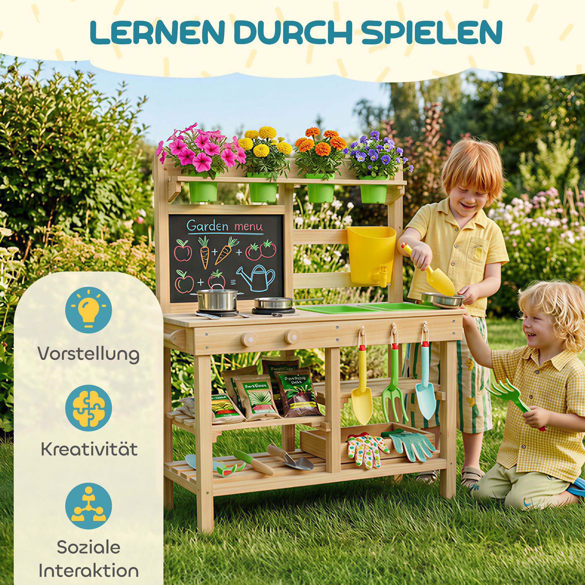 Matschküche Kinder Outdoor, Spielküche aus Holz mit Spüle Herd Pflanztöpfen Tafel für 3-6 Jahre 77x32x95 cm Naturholz