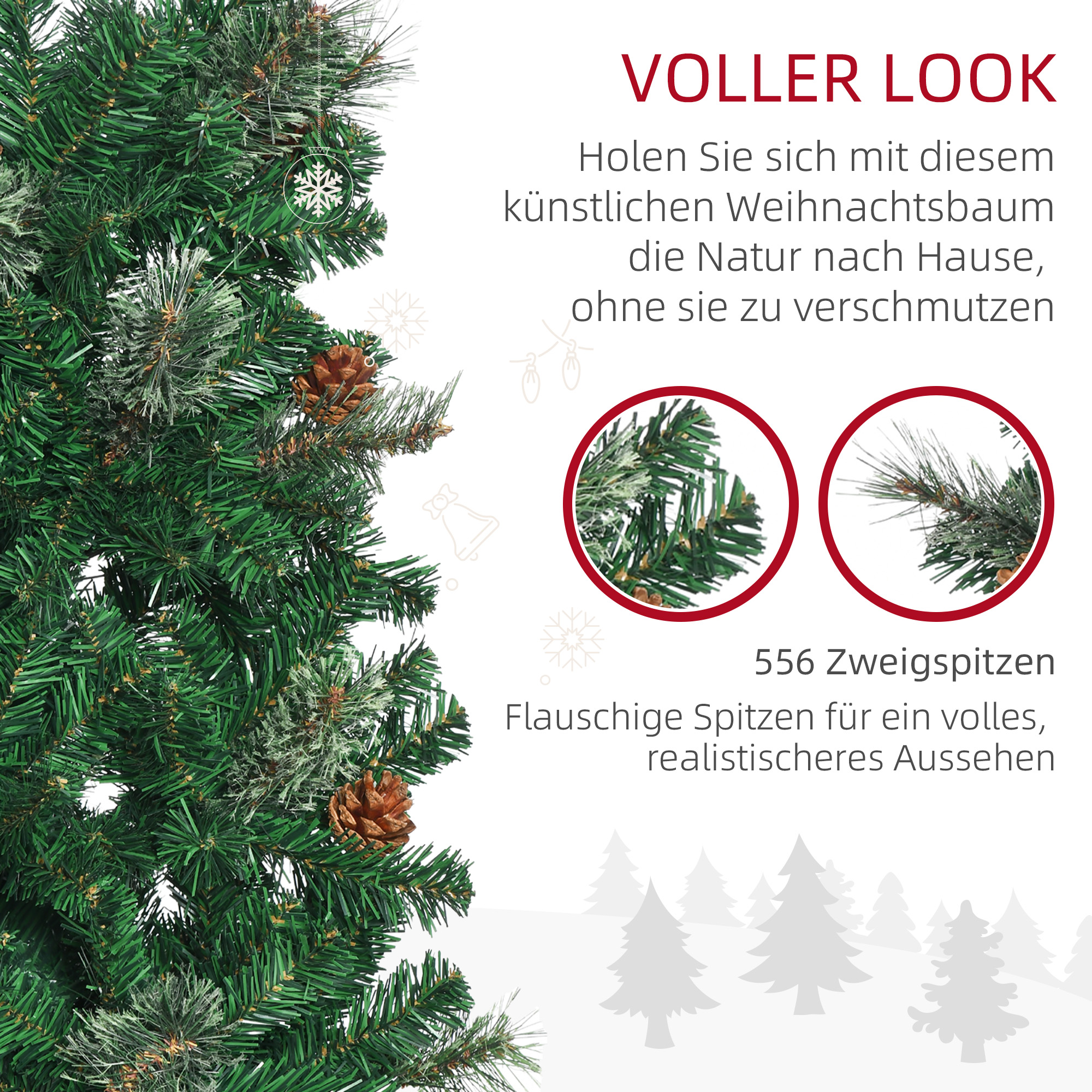 Künstlicher Weihnachtsbaum, schlank, Tannenzapfen, flammenhemmend, 54 x 195 cm, Grün