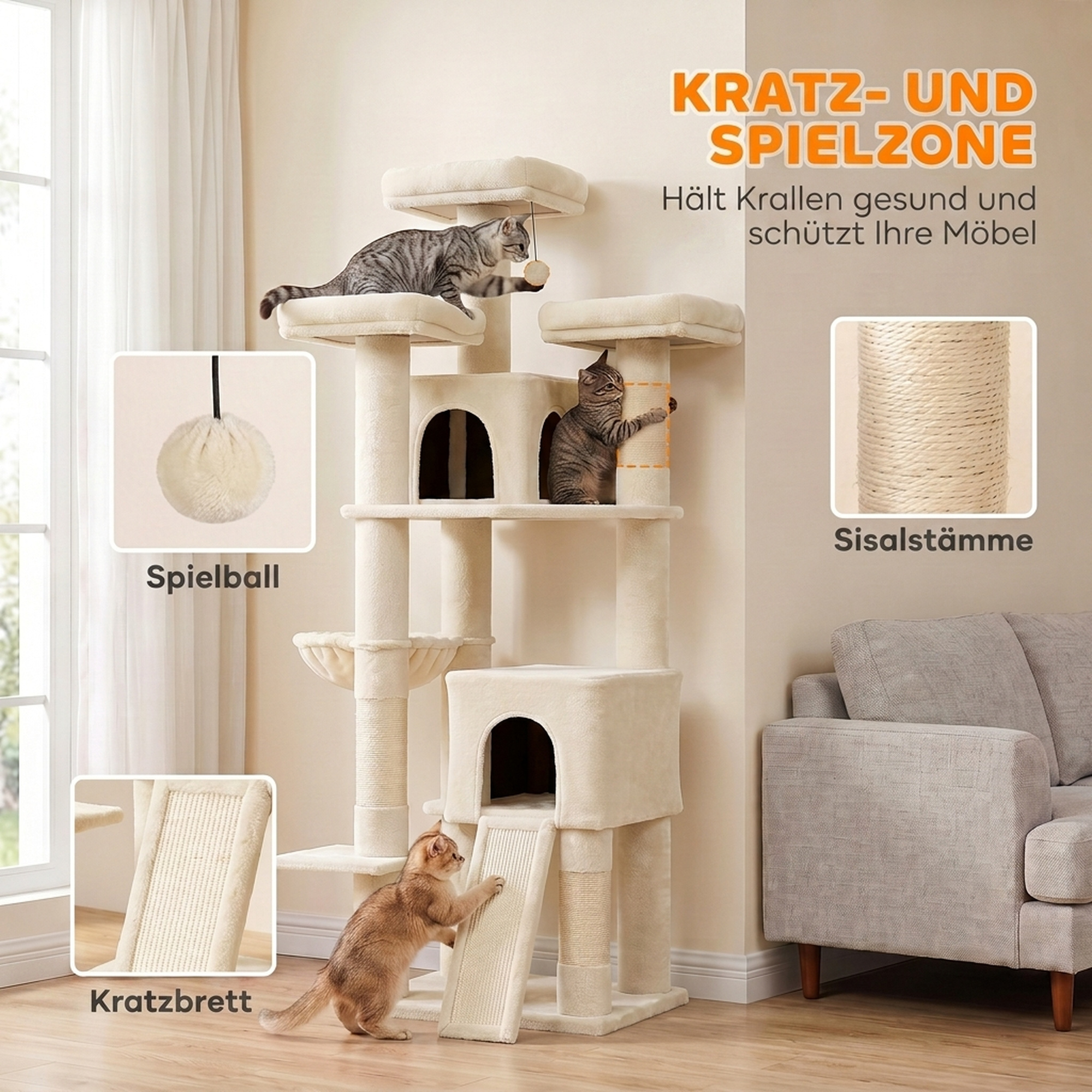 Kratzbaum Groß 184 cm hoch Katzenbaum mit 3 Kratzstämmen Liegeflächen Spielball Hängematte Leiter, Katzen unter 6 kg