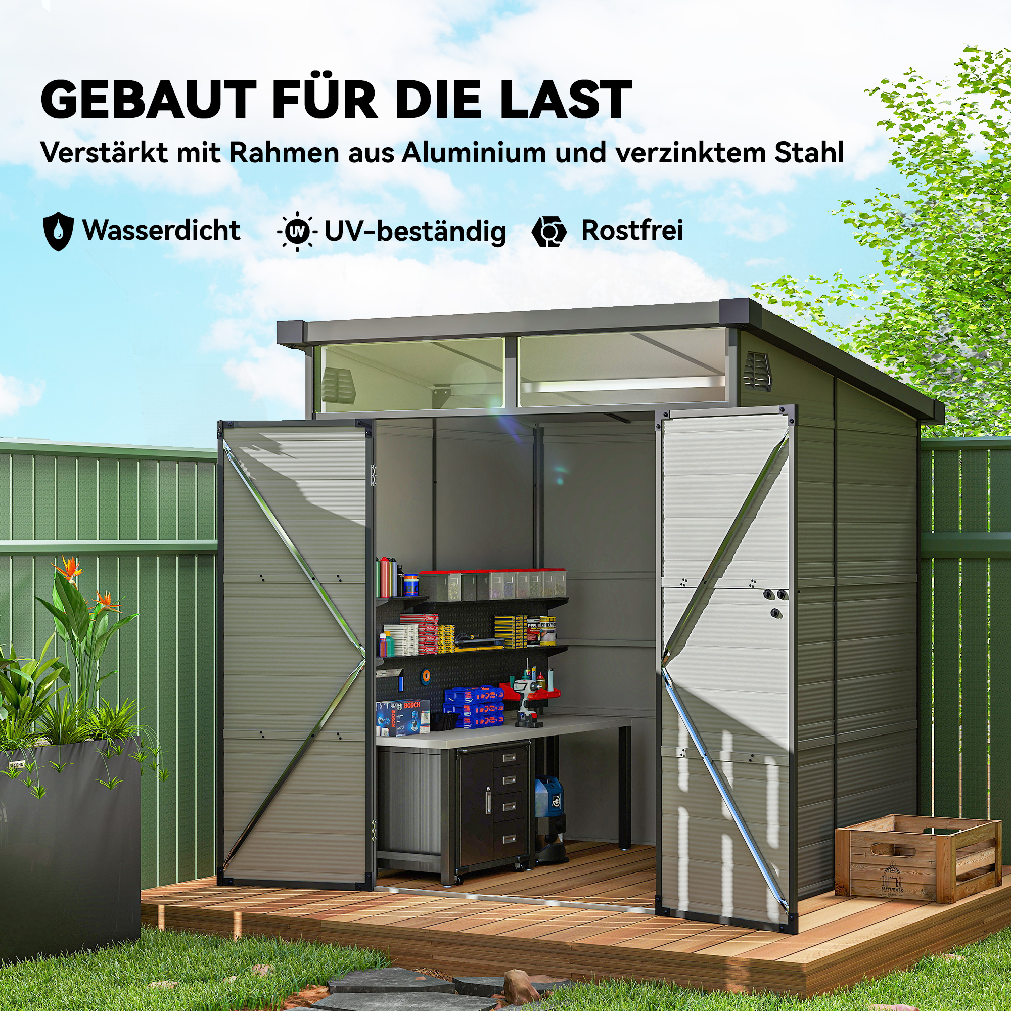 1,9 x 1,9  m Gartenschuppen, Werkzeugschuppen aus Kunststoff , verschließbare Türen, 2 Lüftungsöffnungen, Hellgrau