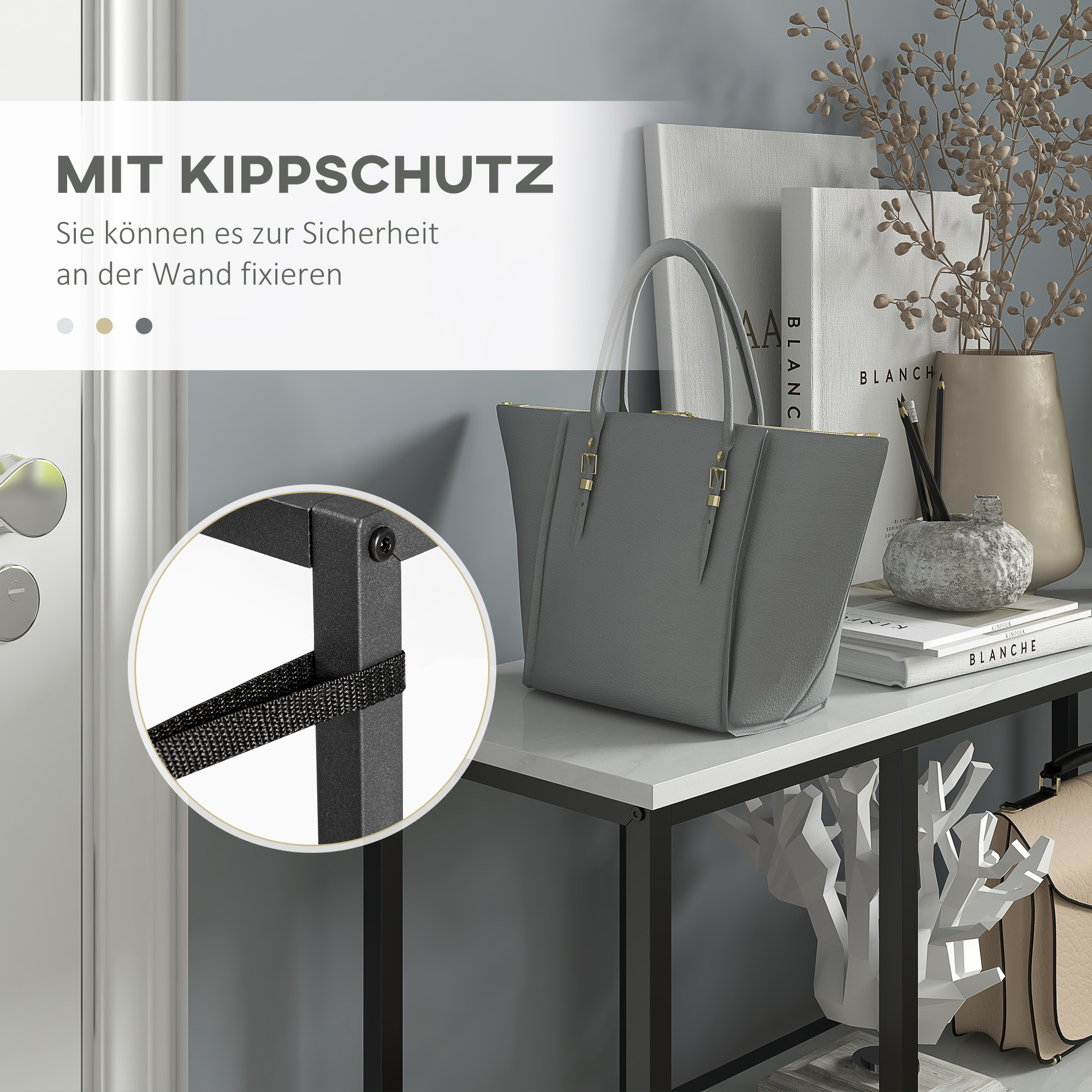 Konsolentisch im Industriedesign, 2 Regale, Marmor-Optik, Schwarz + Weiß