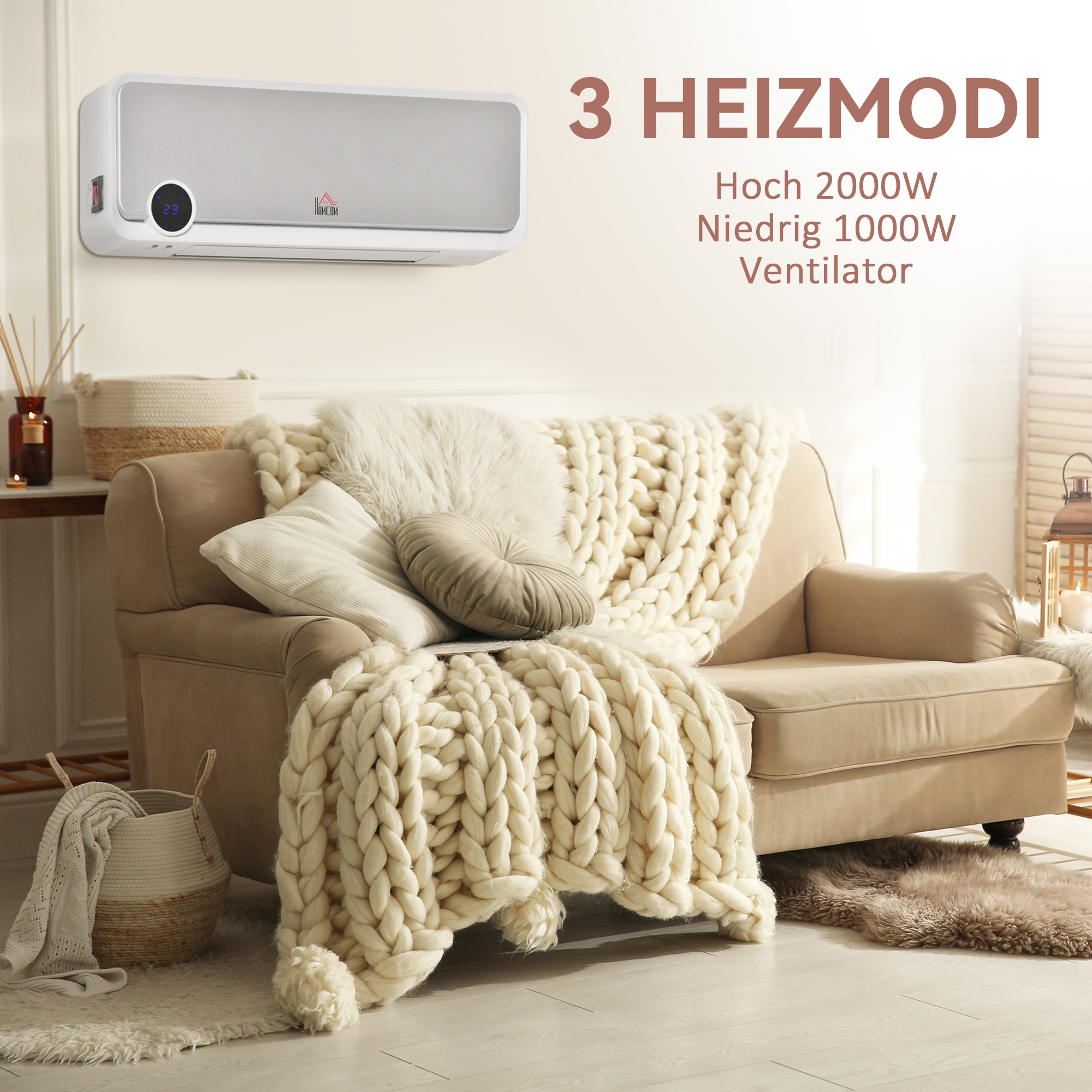 Heizlüfter zur Wandmontage 2000W mit Fernbedienung, 3 Betriebsmodi, LED-Display 12h Timer