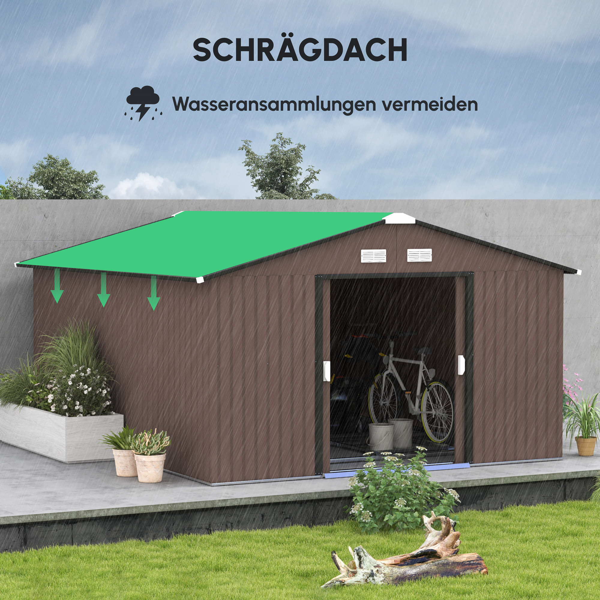 Geräteschuppen, Wetterfestes Gartenhaus für Gartengeräte, mit Belüftungsfenstern, Schiebetüren, Stahl, Braun
