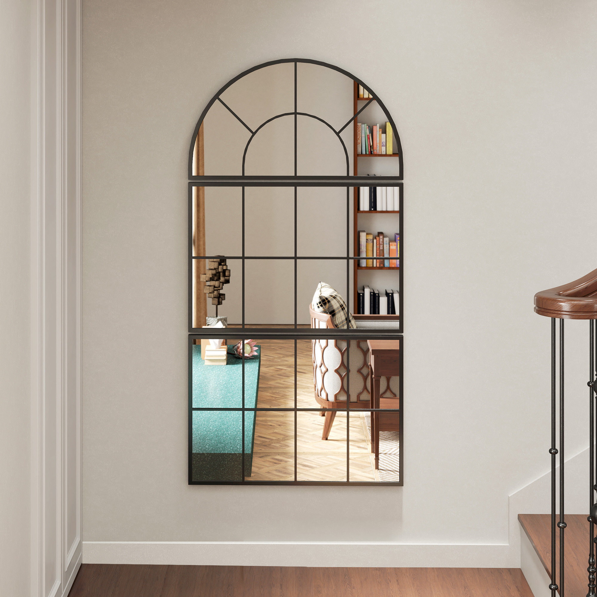 Wandspiegel, Fensterspiegel, dreiteilig, Metallrahmen, 76 x 53 cm, Schwarz