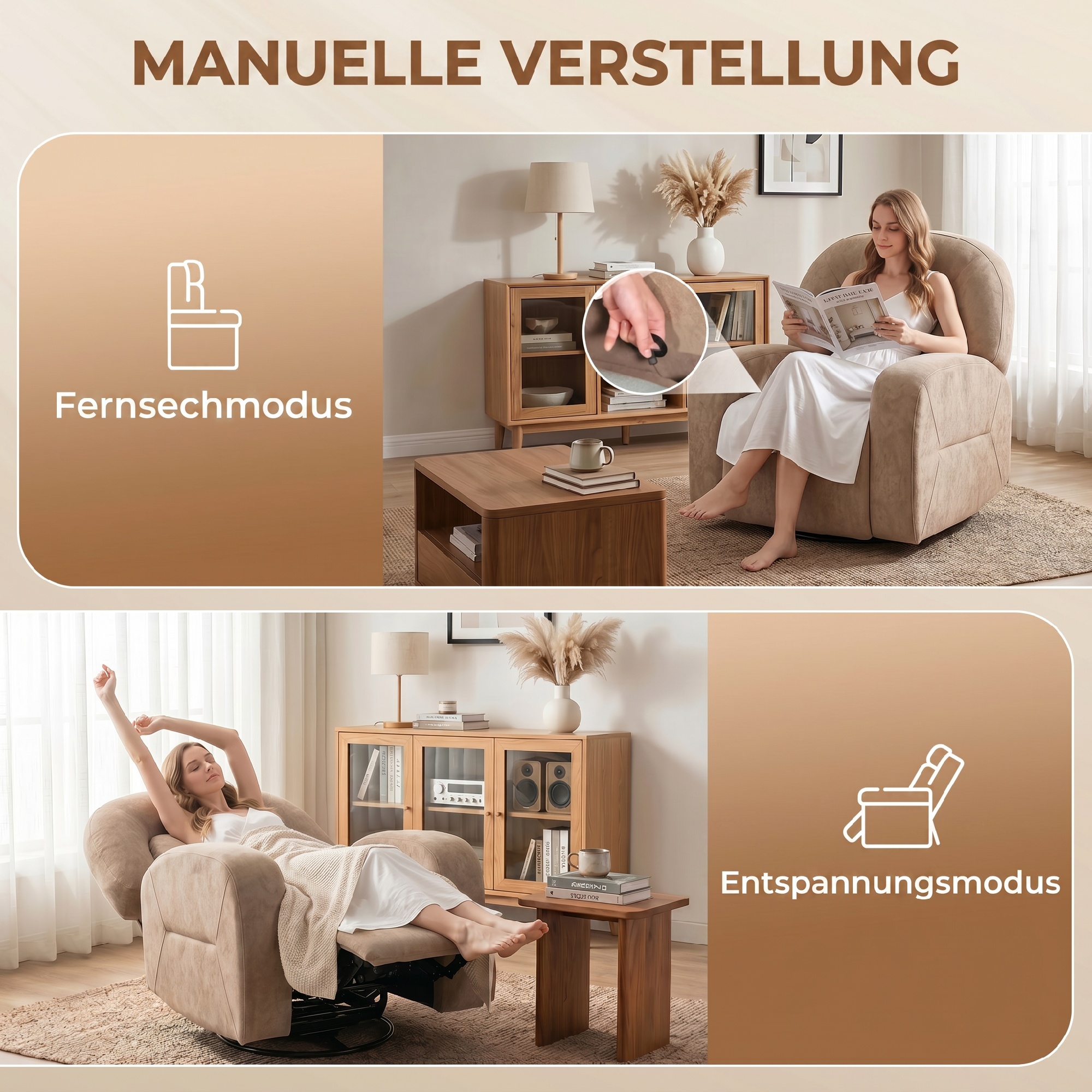 Relaxsessel, 360° Drehbarer Liegesessel mit Wolkenweichem Samtstoff, Breitem Sitz, für Wohnzimmer, Khaki