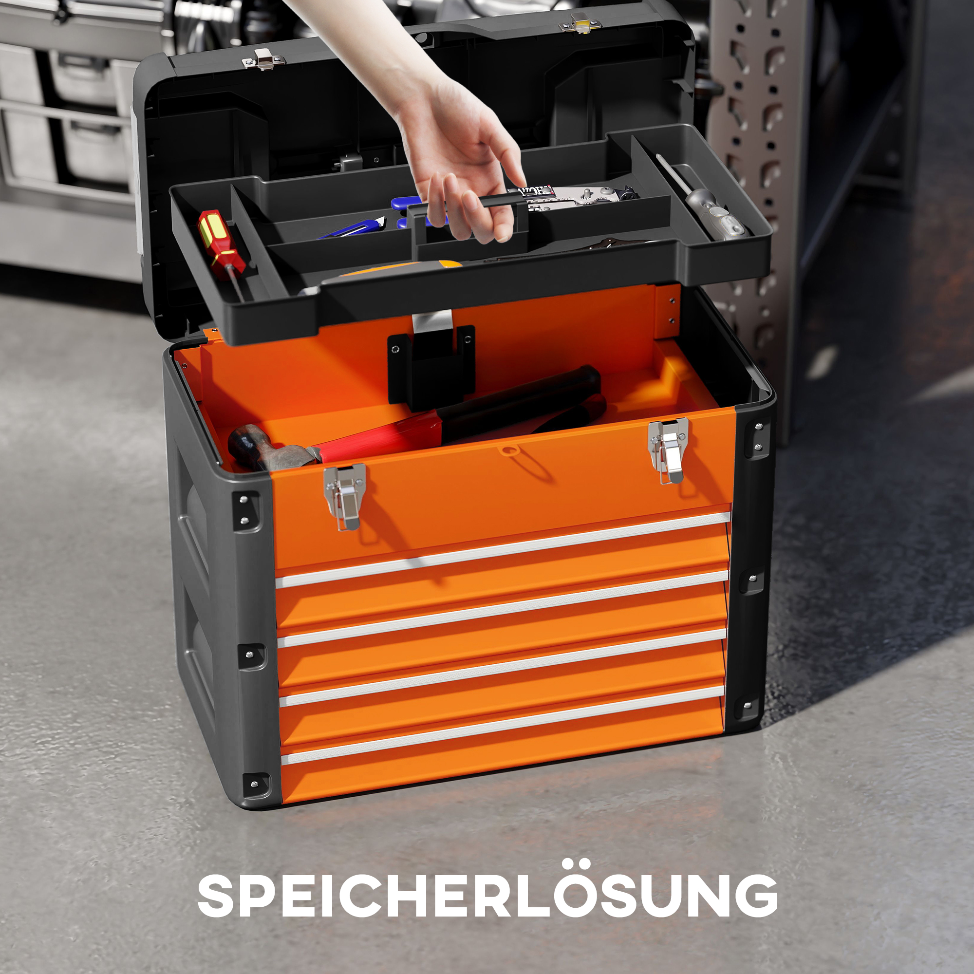 Werkzeugkiste leer, 49,7 x 25,3 x 40,7 cm Werkzeugkasten mit 4 Schubladen, Mini-Box Stahl Orange