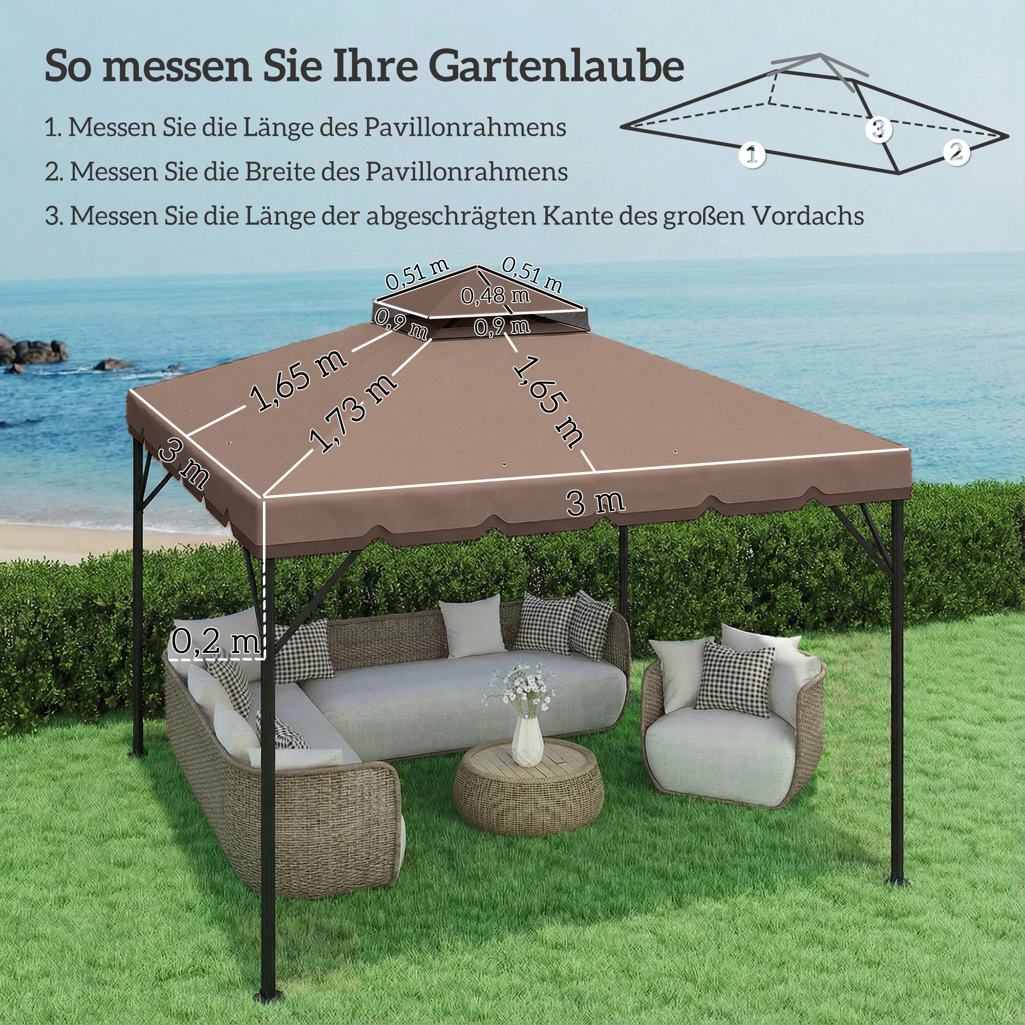 Ersatzdach für Pavillon 3x3m Wasserabweisend Pavillondach mit Doppeldach Wasserablauflöchern Khaki
