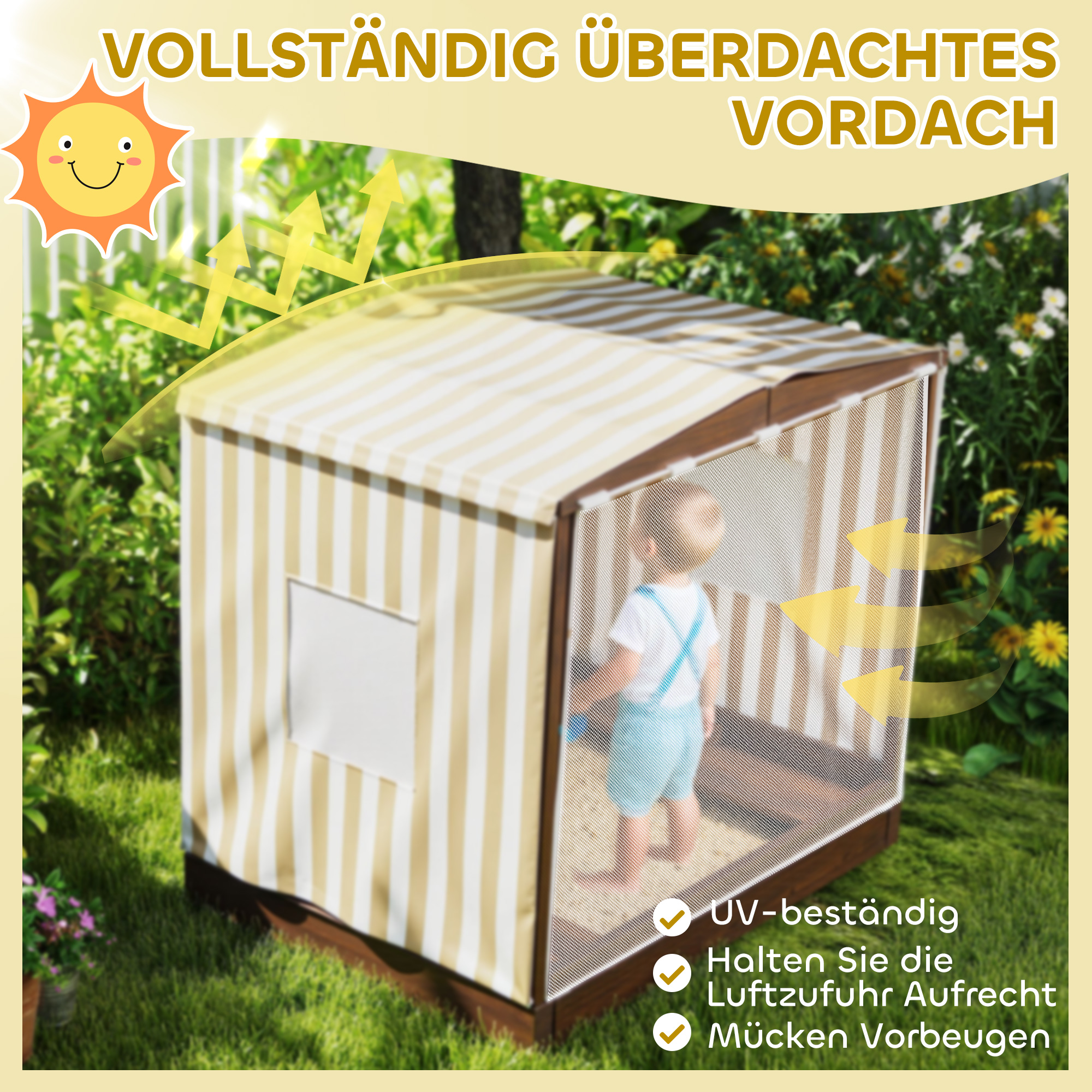 Sandkasten, Sandkiste mit Vordach und Netztür, Sitzbänke, Bodenschutz, Braun