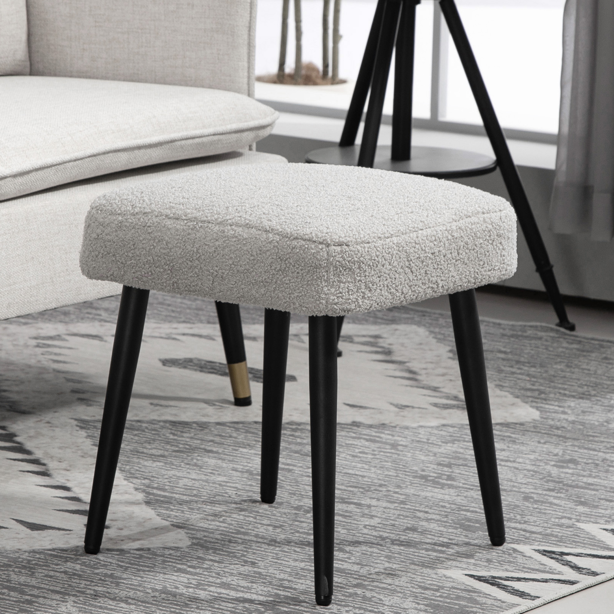 Hocker, Fußstütze, gepolsterter Sitz, Kaschmir-Optik, Stahlbeine, 42 x 42 x 44 cm, Hellgrau