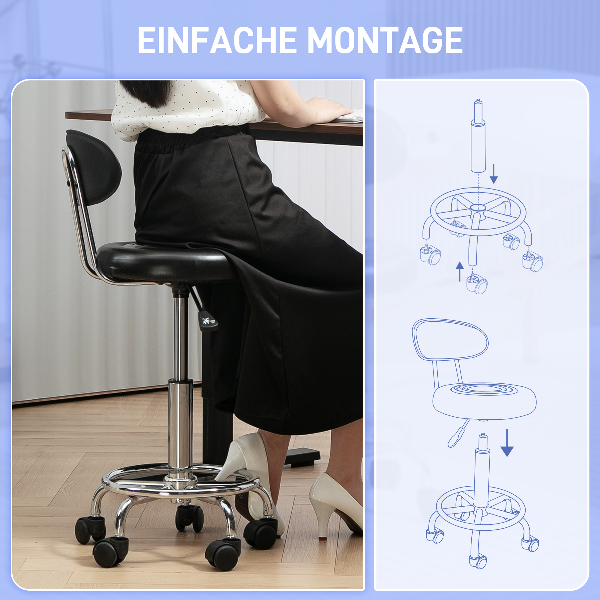 Rollhocker, Drehbarer und verstellbarer Hocker mit Rückenlehne, Kunstlederbezug, Fußstütze, für Frisiertische, Schwarz