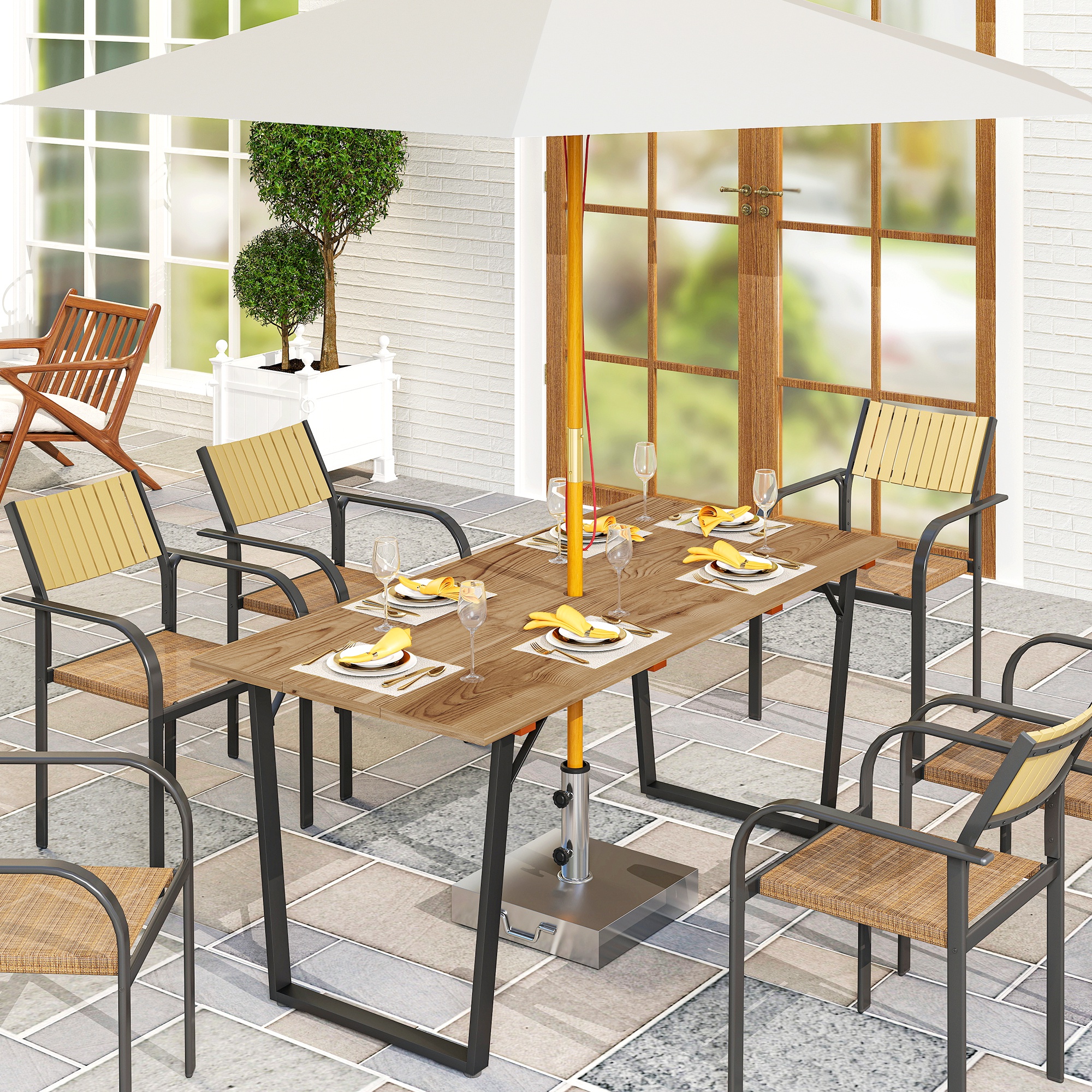 Gartentisch Holz 175x80 cm Wetterfest Balkontisch mit Schirmloch Buffettisch für 6 Personen Braun