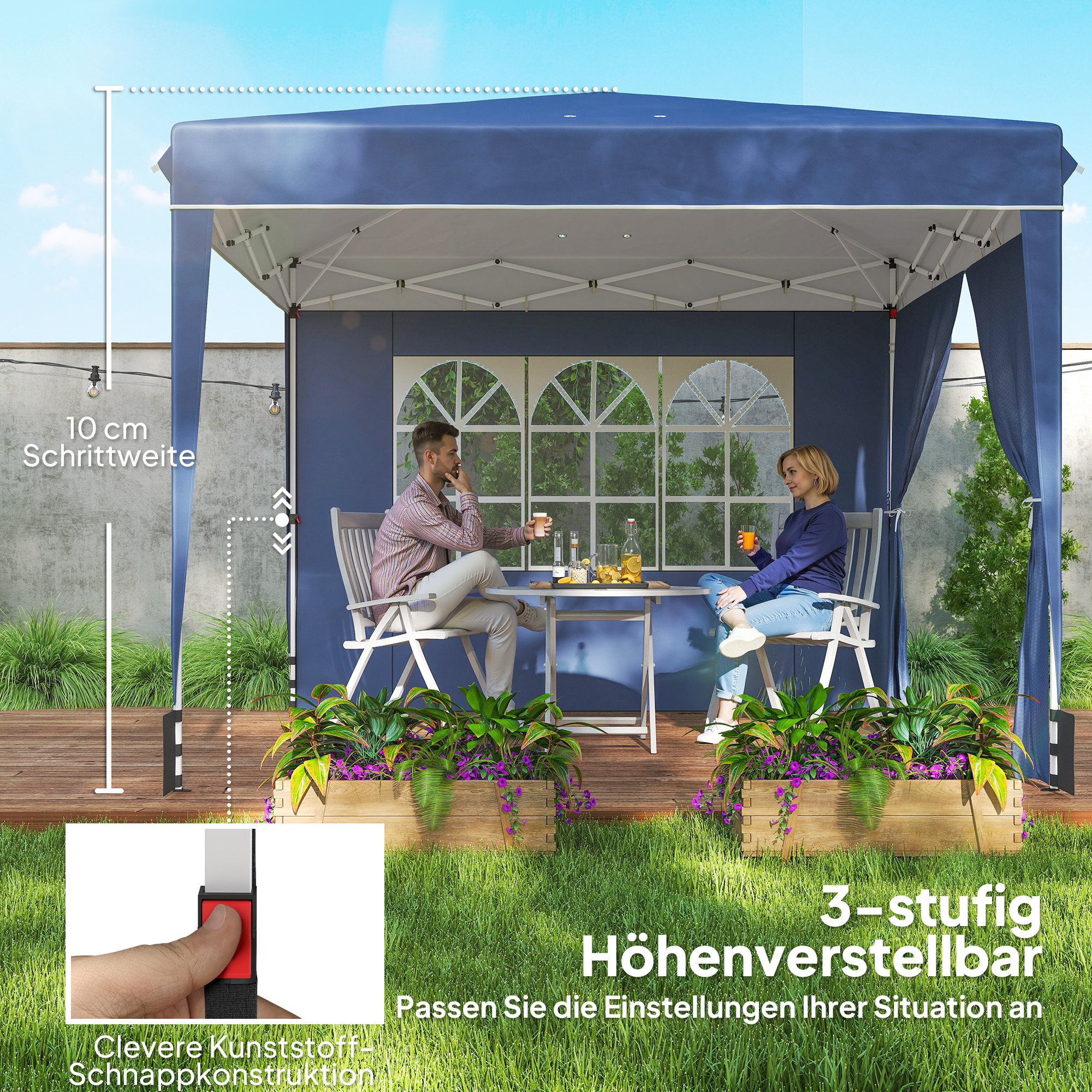 Pavillon 3 x3 m Wasserdicht höhenverstellbar Pop-up Faltpavillon mit 2 Seitenteilen, UV 50+ Faltbar Dunkelblau