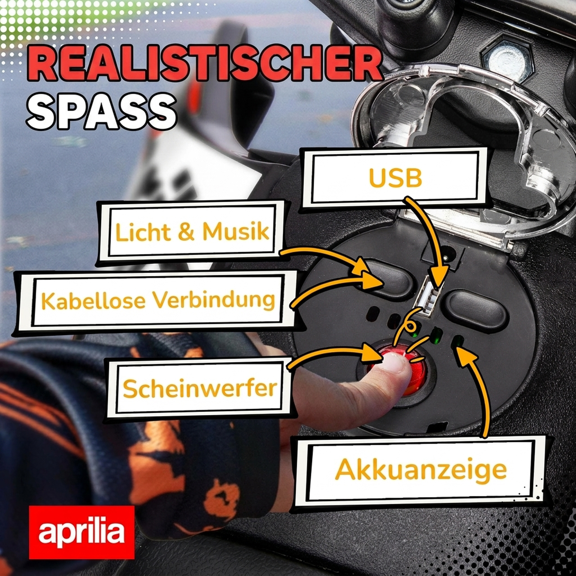 Elektro Motorrad Kinder 12 V Elektromotorrad mit 2 Motoren Stützrädern, Stoßdämpfer 13 Zoll Räder Musik, USB