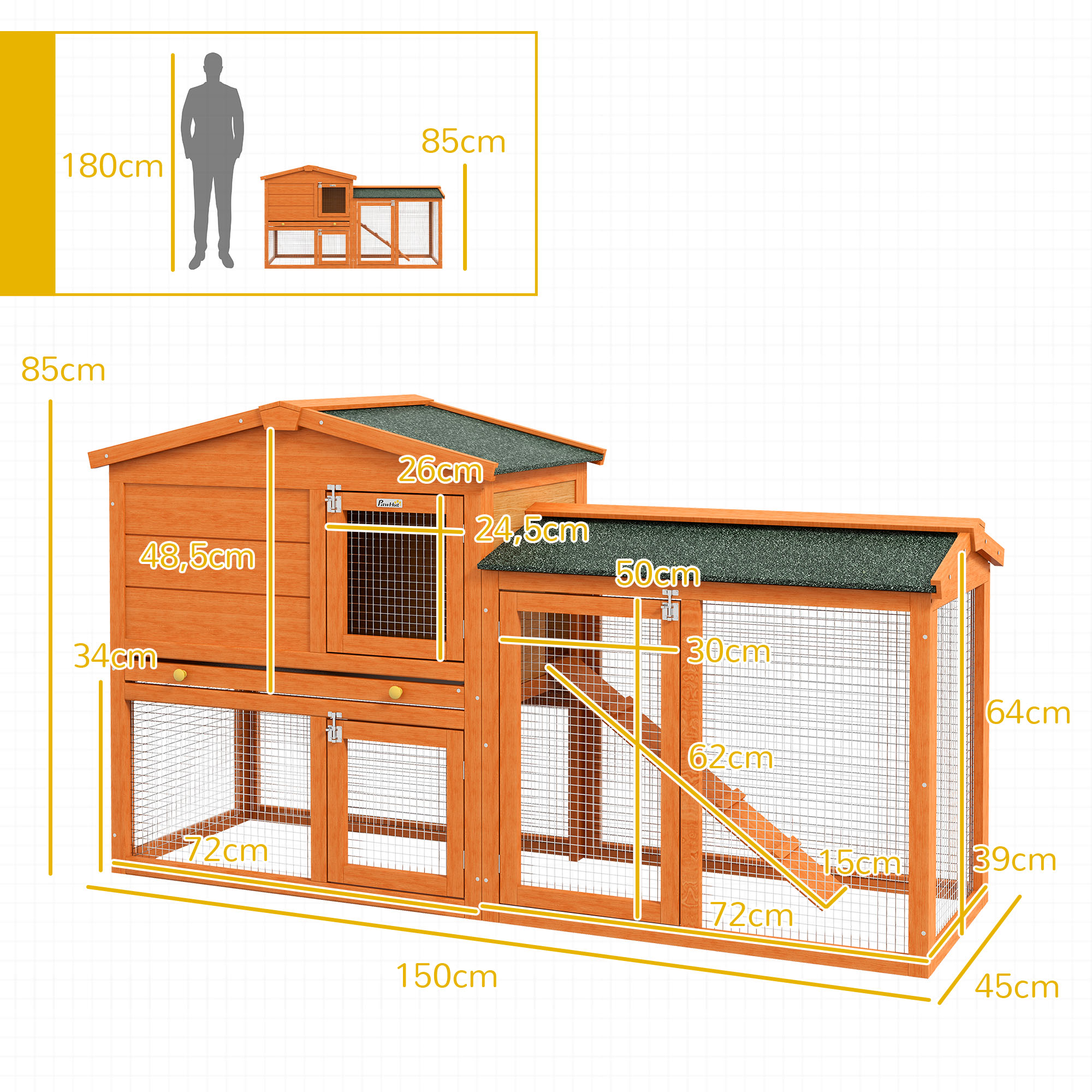 Kleintierstall, Kleintierkäfig, Outdoor-Kaninchenstall, Freilaufgehege, winterfest, Massivholz, 150 x 45 x 85 cm, Orange
