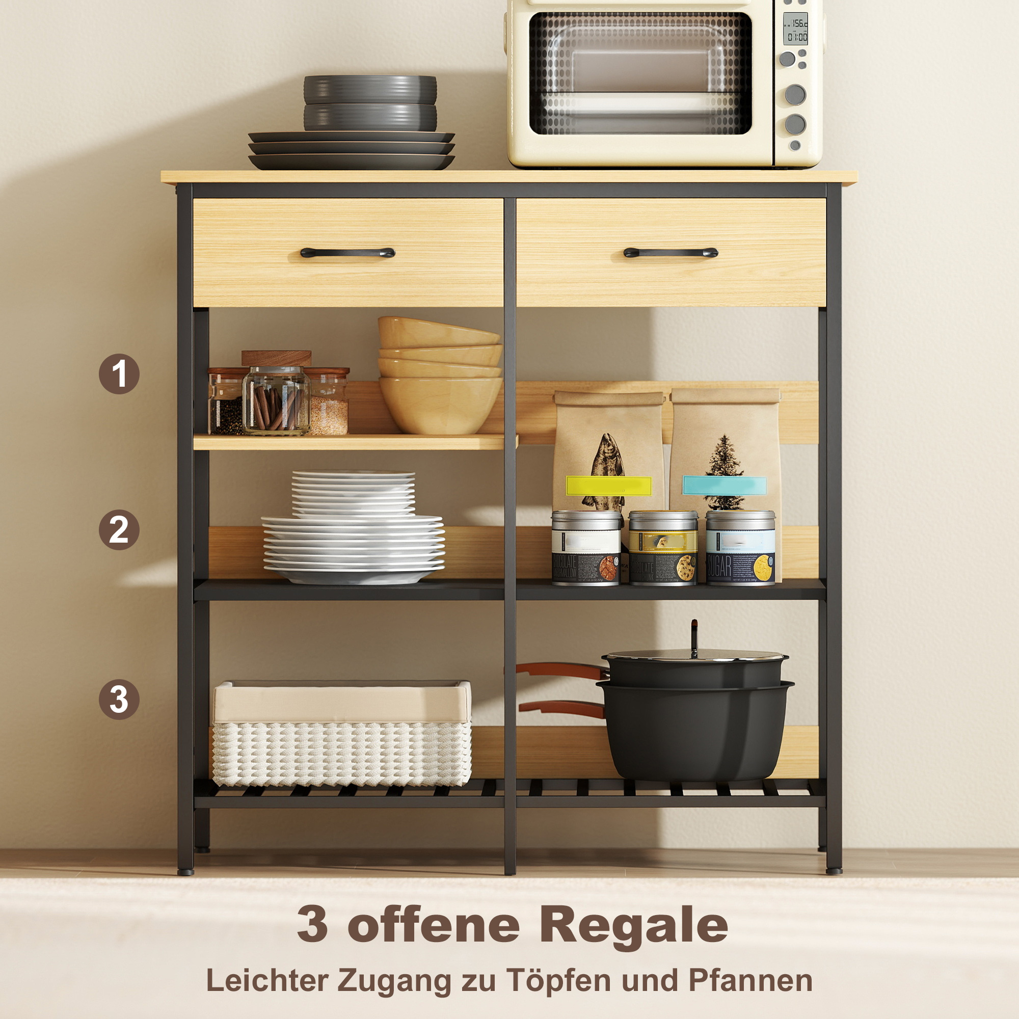 Sideboard, Kommode mit 2 Schubladen, 3 offenen Regalen Küchenschrankfür Küche, Wohnzimmer 90 x 40 x 91 cm, Naturholz