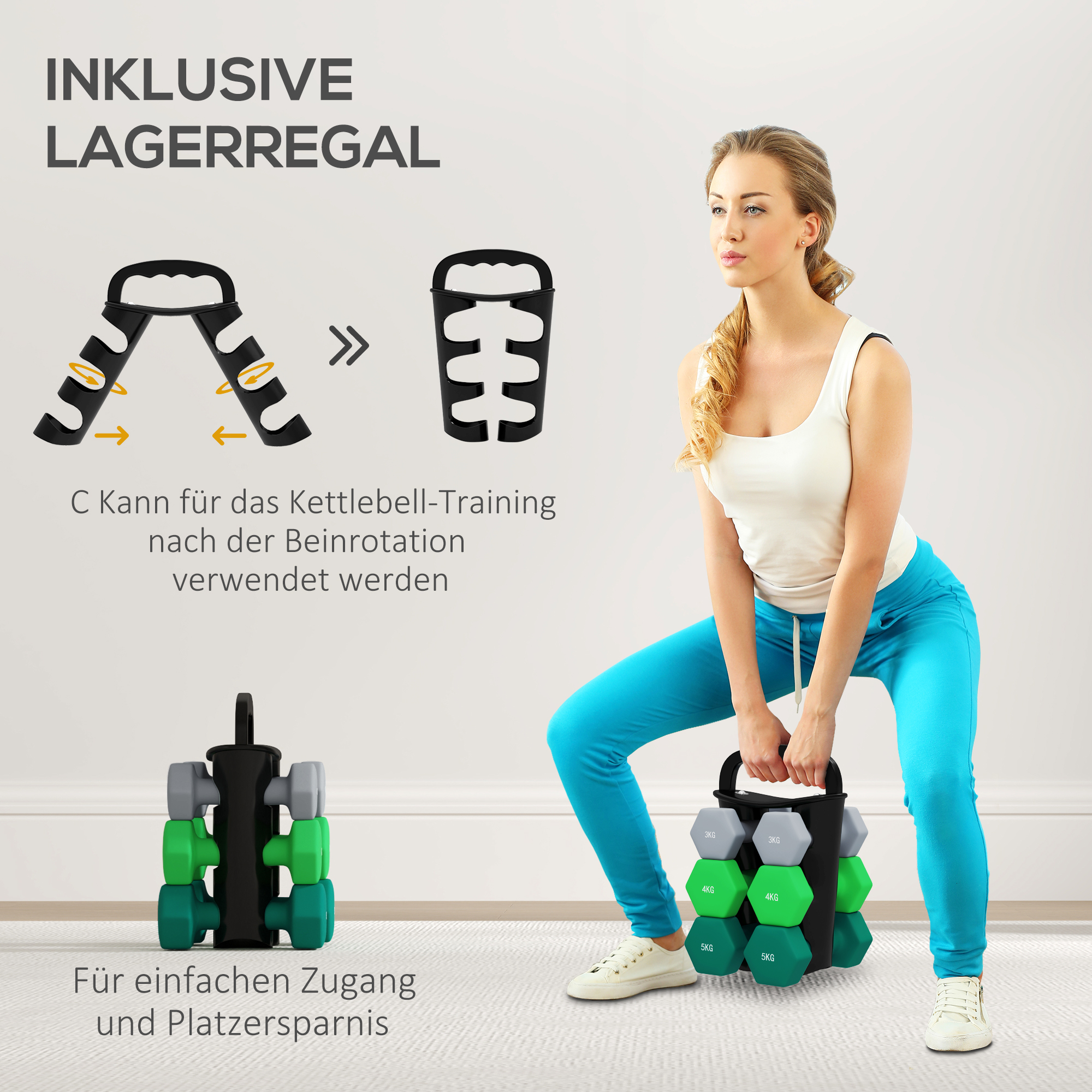 Hantelset mit Aufbewahrungsgestell, Set mit 6 Hanteln für Fitness-Training, 2 x 3kg, 2 x 4kg, 2 x 5kg
