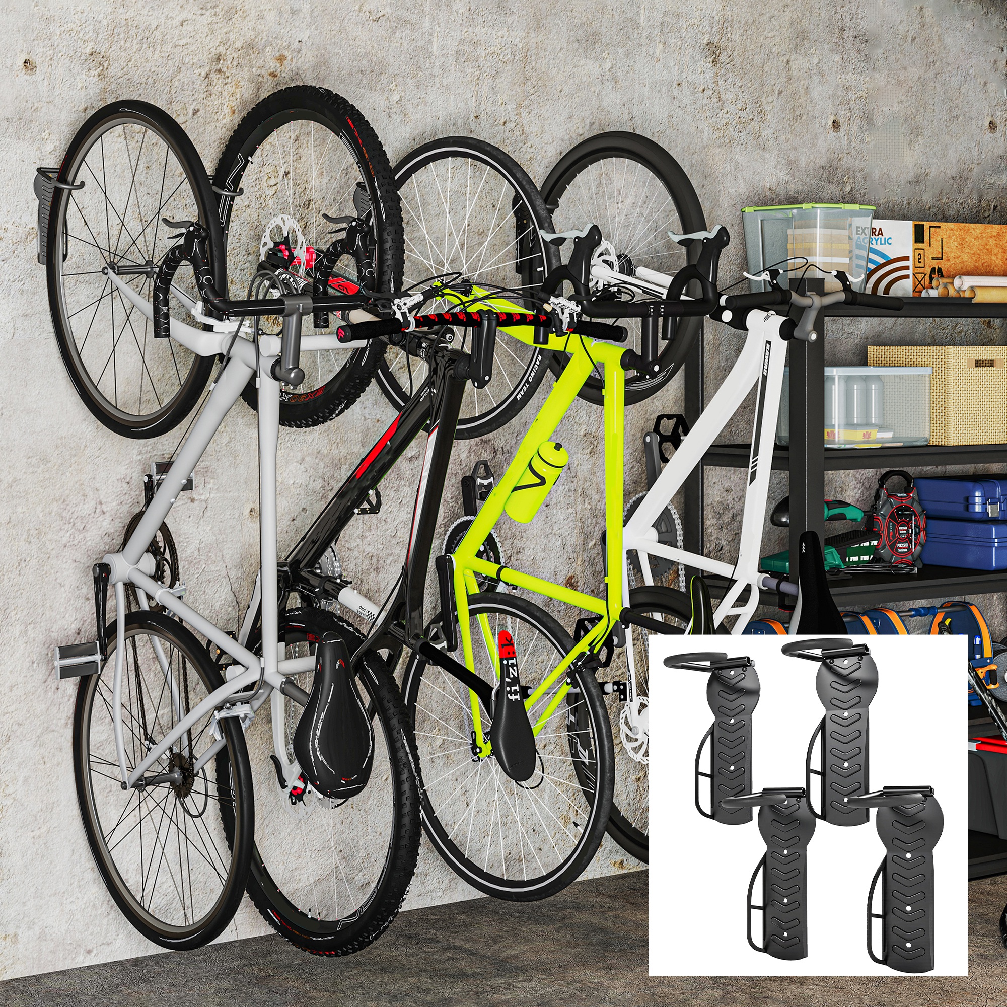 4er Set Fahrrad Wandhalterung Vertikal mit 30 kg Tragkraft klappbar für 4 Fahrräder Schwarz