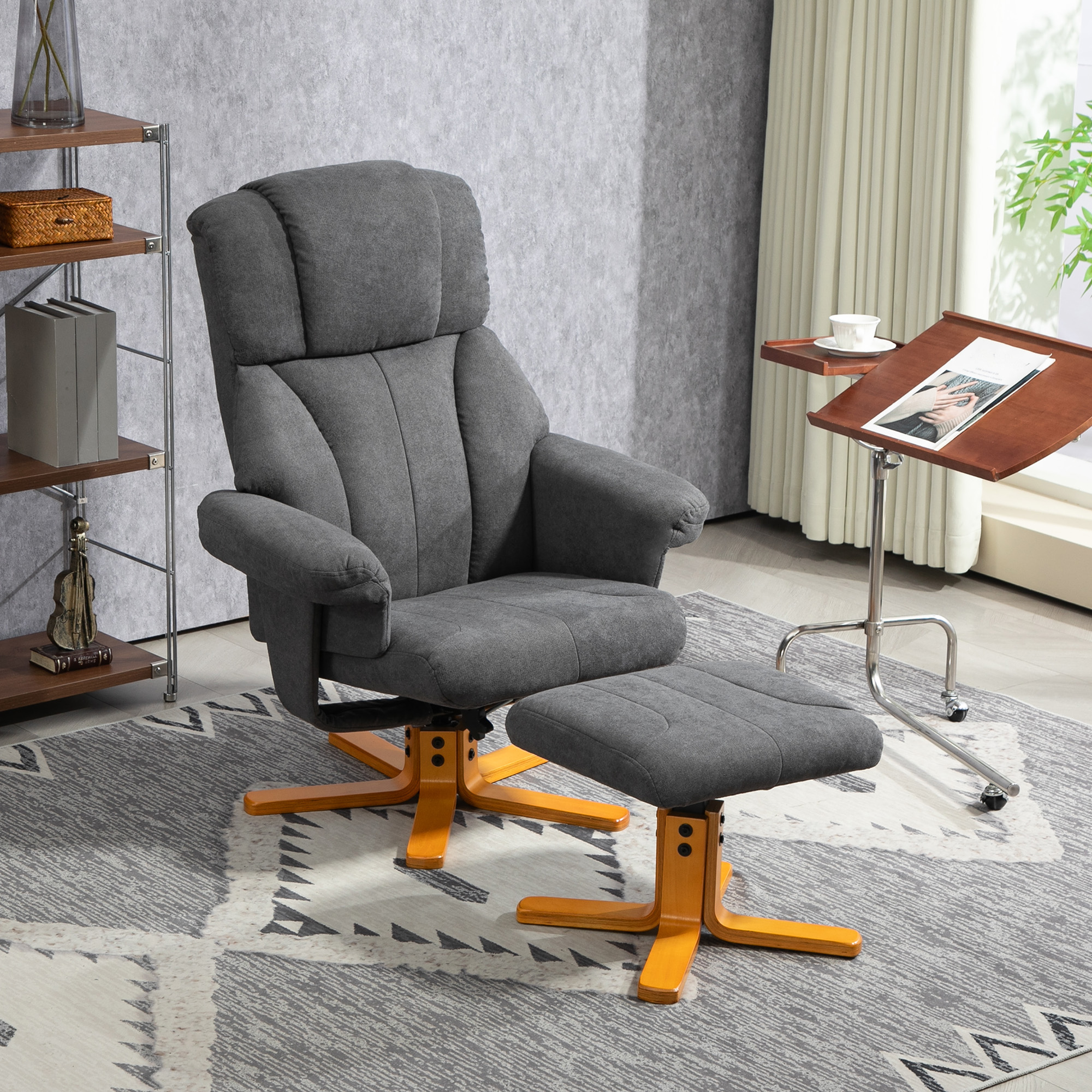 Verstellbarer Sessel mit Fußhocker mit hoher Lehne und Holzrahmen für Wohnzimmer, Schlafzimmer, Dunkelgrau