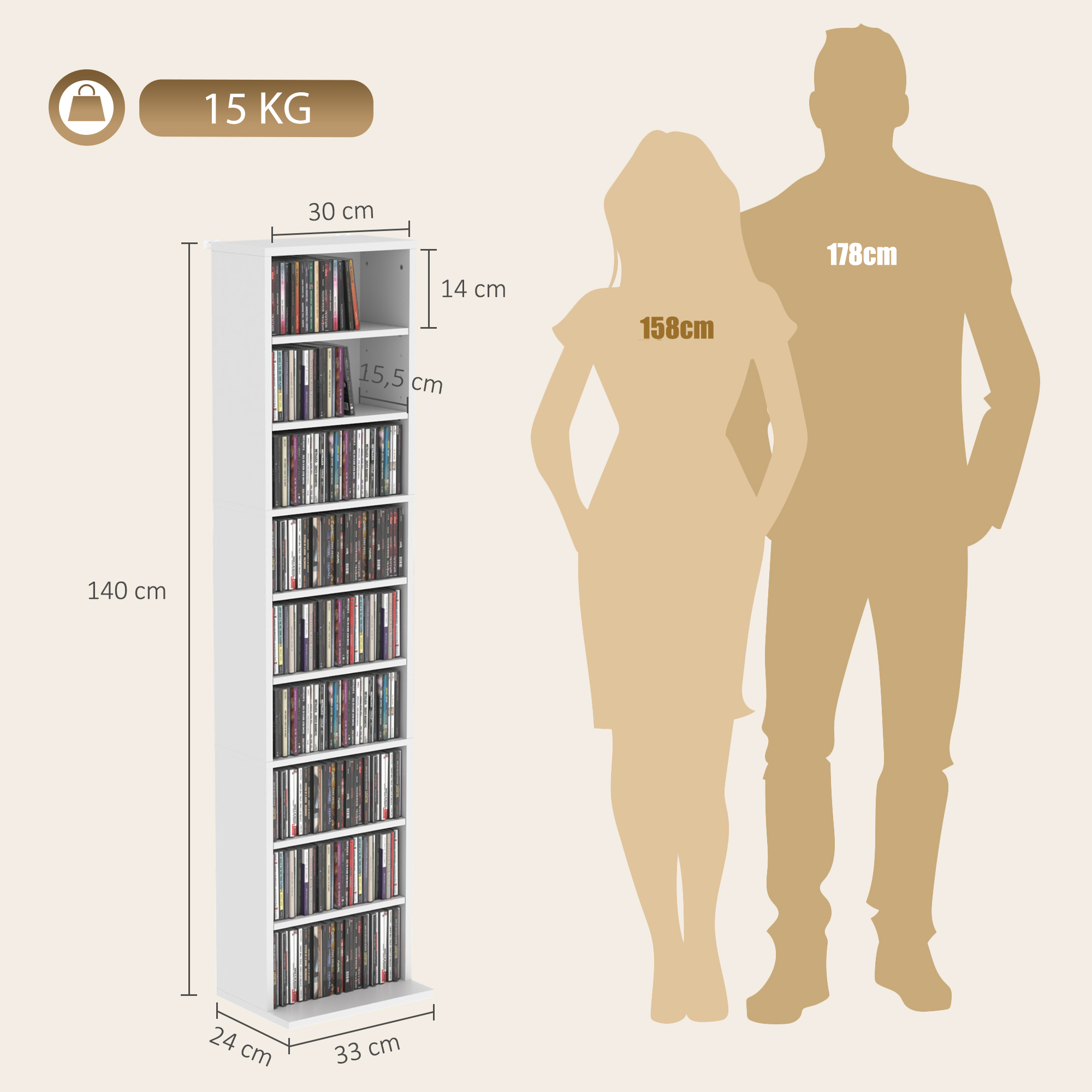 CD-/DVD-Regal, 9 Ebenen, schmales Standregal mit 6 verstellbaren Böden, für 260 CDs, Weiß