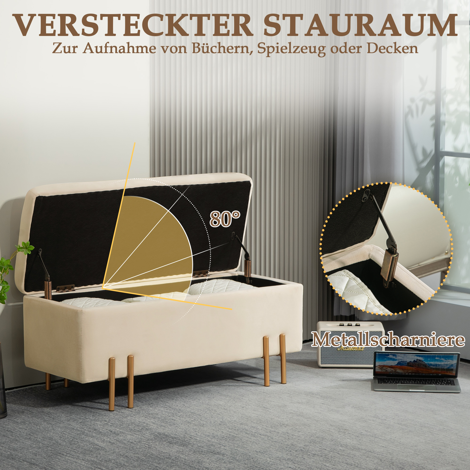 Polsterbank mit Stauraum, Truhenbank, Schaumstoff, Metall, Kautschukholz, 100 x 40 x 42 cm, Beige